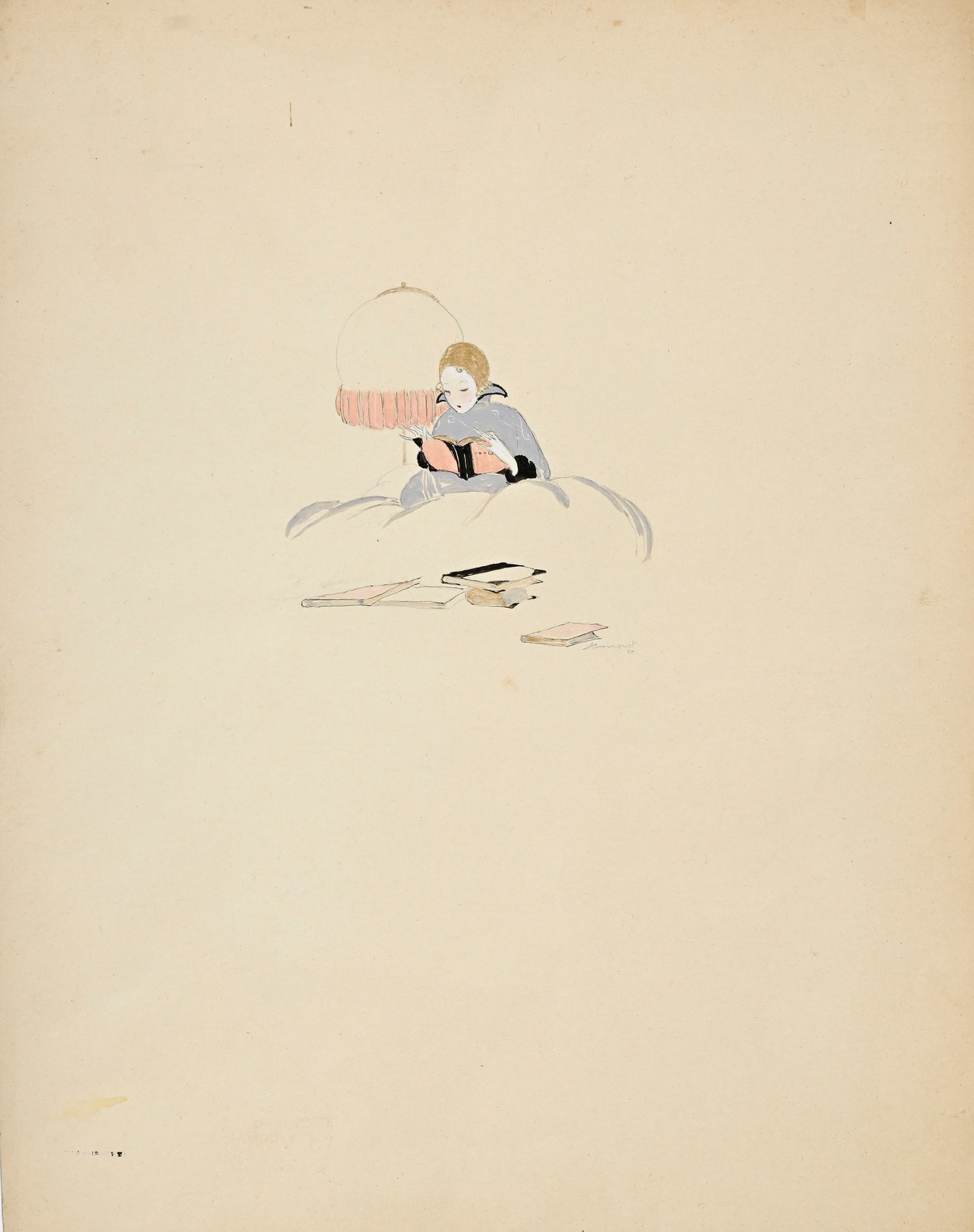 Charles Loupot (1892-1962), Jeune fille lisant, 1920, crayon et gouache sur papier, rehauts doré: Charles Loupot (1892-1962), Jeune fille lisant, 1920, crayon et gouache sur papier, rehauts dorés, signé et daté, 9x9,5 cm 