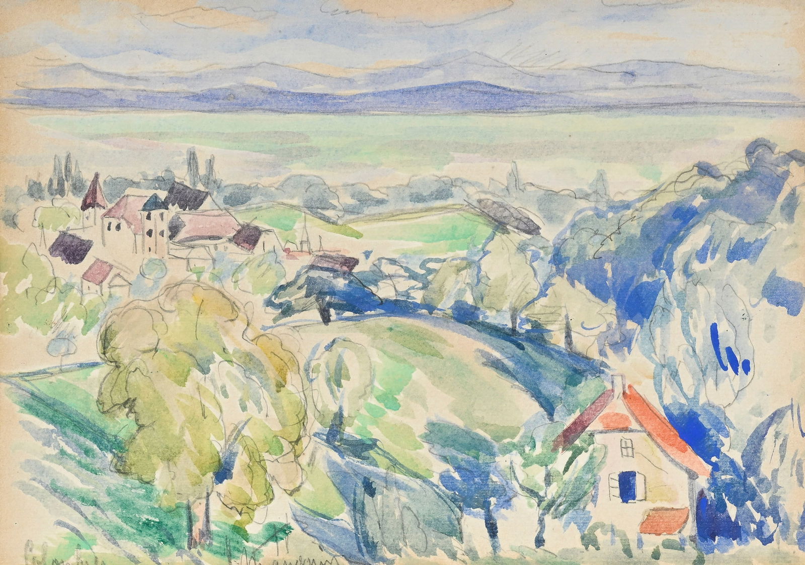 Henri Manguin (1874-1949), Vue de Colombier, aquarelle sur papier, signée et située, 17x24: Henri Manguin (1874-1949), Vue de Colombier, aquarelle sur papier, signée et située, 17x24 cm (à vue) Provenance: Collection de la famille de l'artiste; Collection privée, Suisse 