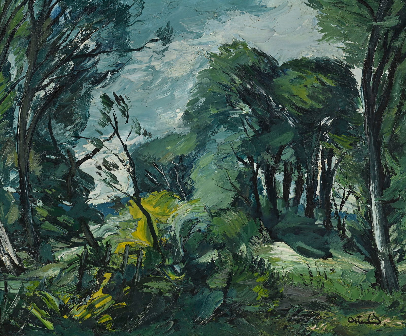Anders Osterlind (1887-1960), Paysage, 1945, huile sur toile, signée, contresignée et dat&: Anders Osterlind (1887-1960), Paysage, 1945, huile sur toile, signée, contresignée et datée au verso, 46,5x55 cm