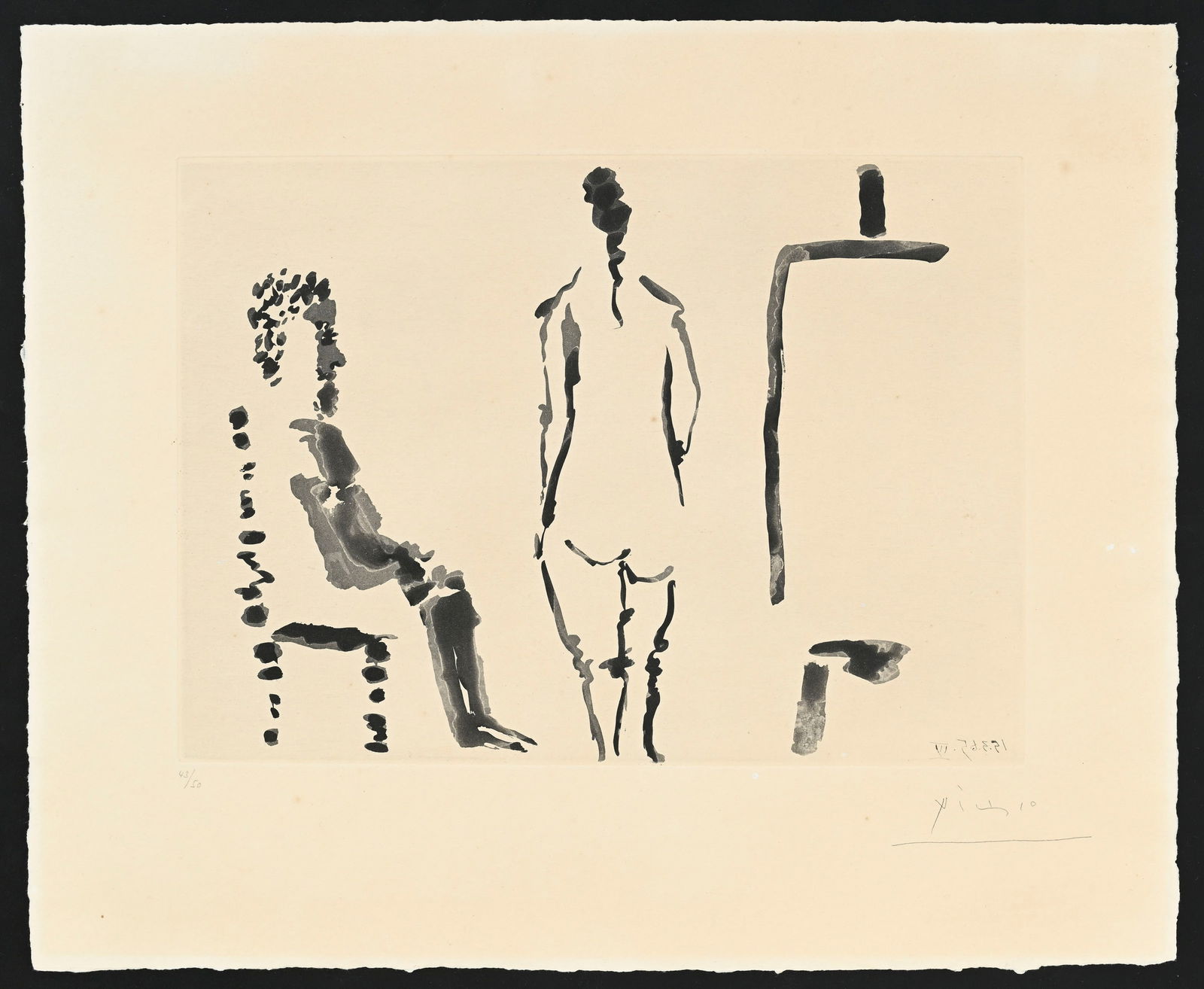 Pablo Picasso (1881-1973), "Peintre au repos avec modèle de dos", 1965, aquatinte et pointe s&#: Pablo Picasso (1881-1973), "Peintre au repos avec modèle de dos", 1965, aquatinte et pointe sèche, signée et numérotée 43/50 au crayon, datée dans la plaque, tirage