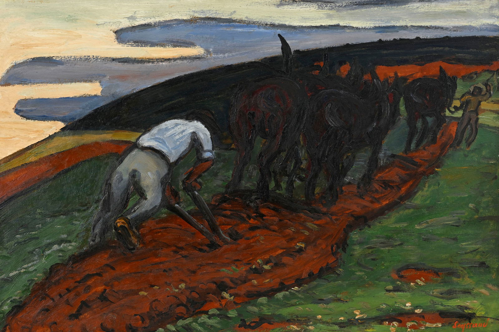 René Seyssaud (1867-1952), "Le labourage", vers 1910, huile sur carton, signée, 81x116 cm : René Seyssaud (1867-1952), "Le labourage", vers 1910, huile sur carton, signée, 81x116 cm Exposition: Bernheim Jeune, Paris, 1903; Berlin, 1903; Exposition universelle de Paris, 1937; Salon