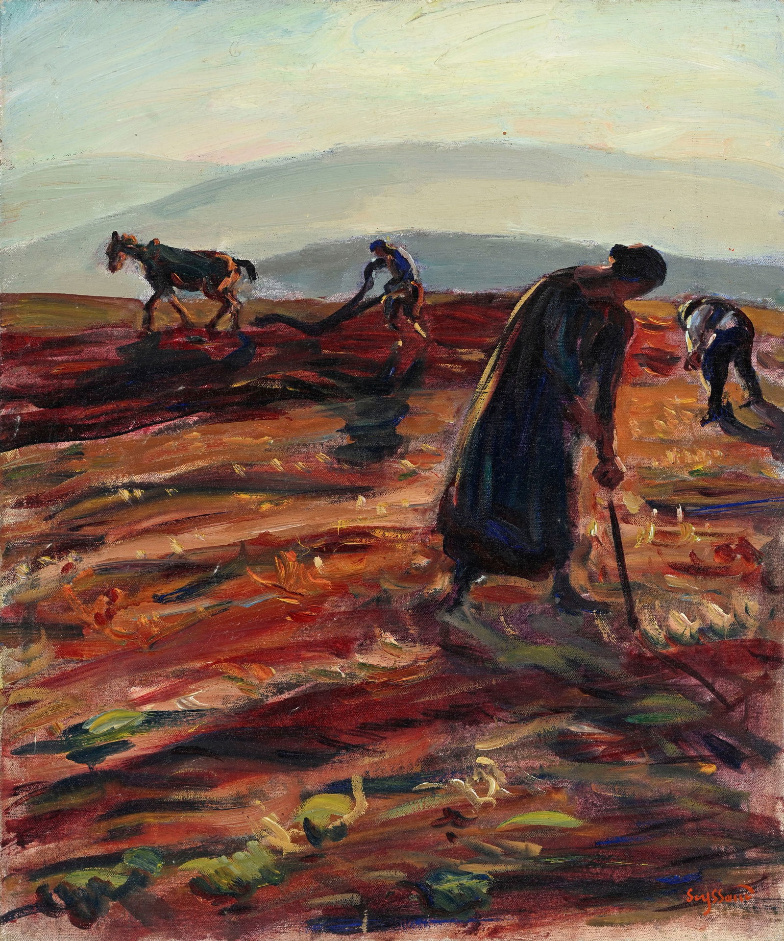 René Seyssaud (1867-1952), "Paysans à Villes-sur-Auzon", c.1910, huile sur toile, sign: René Seyssaud (1867-1952), "Paysans à Villes-sur-Auzon", c.1910, huile sur toile, signée, 55x46 cm 