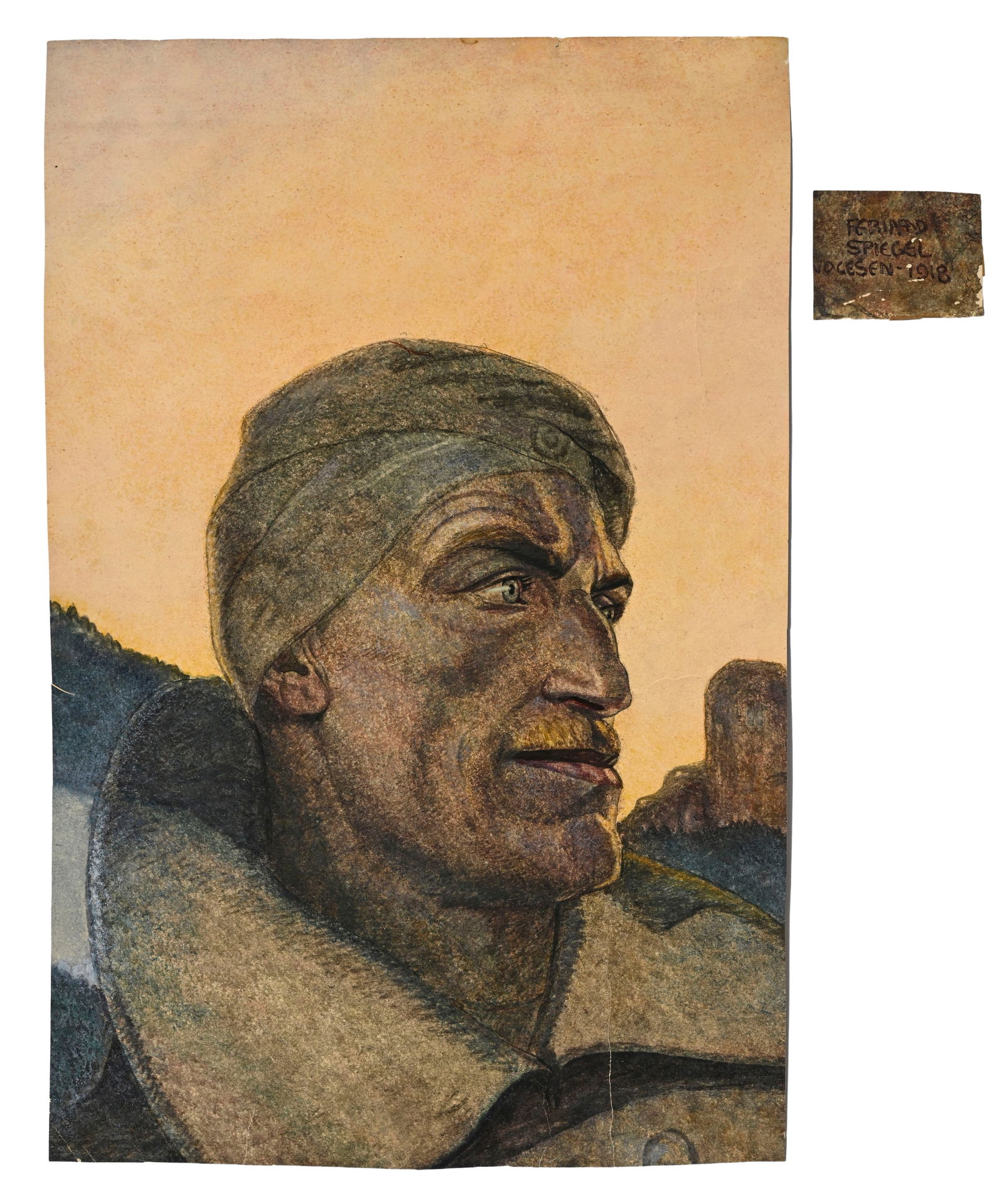 Ferdinand Spiegel (1879-1950), Portrait de soldat, 1918, aquarelle sur papier, signée et dat: Ferdinand Spiegel (1879-1950), Portrait de soldat, 1918, aquarelle sur papier, signée et datée, 60x39,5 cm ConditionFeuille oxydée Marques de plis Traces de restauration au papier dans