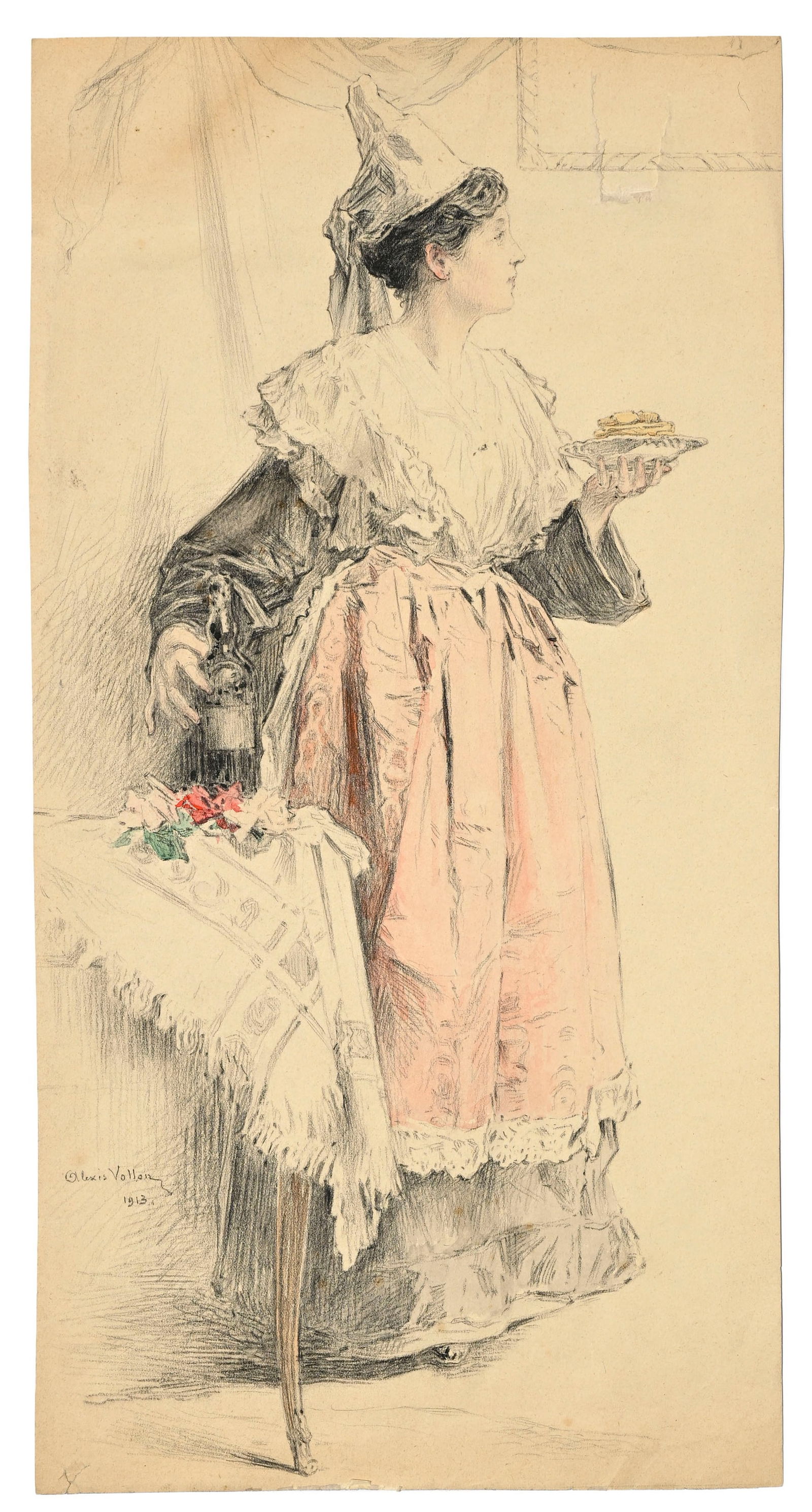 Alexis Vollon (1865-1945), Servante, 1913, crayon et aquarelle sur papier, signé et daté, : Alexis Vollon (1865-1945), Servante, 1913, crayon et aquarelle sur papier, signé et daté, 41x21 cm ConditionTraces de restauration du papier, notamment visibles au verso 
