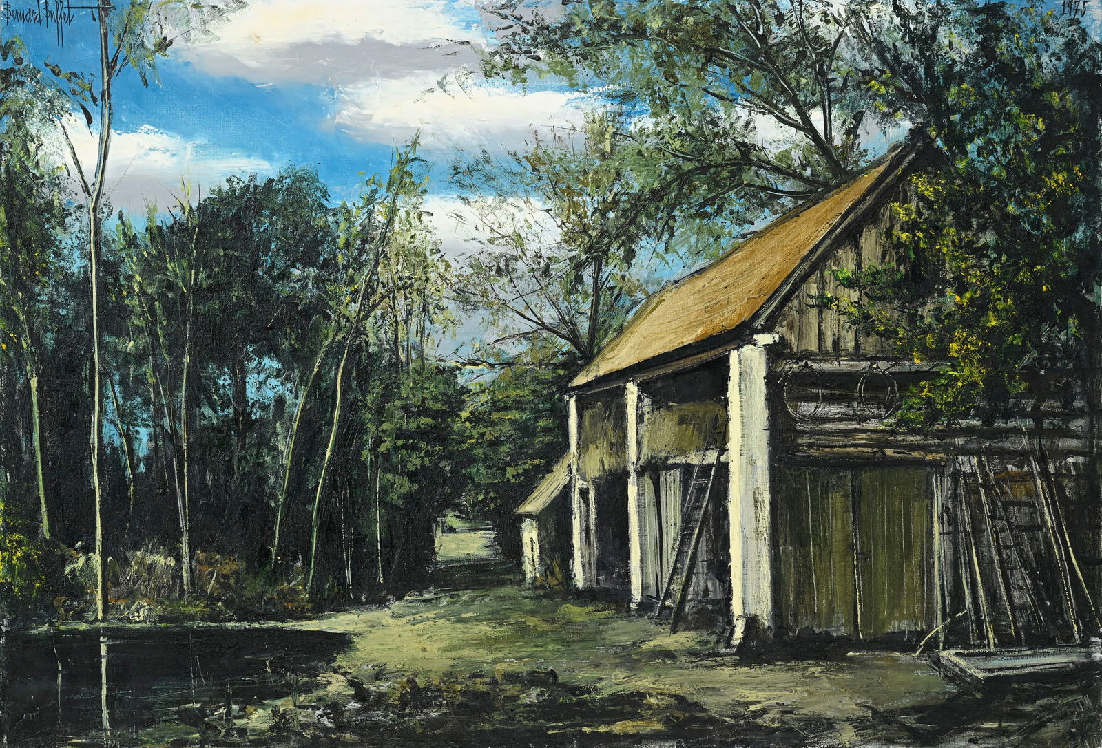 Bernard Buffet (1928-1999), "Villiers-Le-Mahieu, la grange et la mare", 1975, huile sur toile, sign&: Bernard Buffet (1928-1999), "Villiers-Le-Mahieu, la grange et la mare", 1975, huile sur toile, signée et datée, titrée au verso, 89x130 cm Certificat photographique de Ida et Maurice Ga