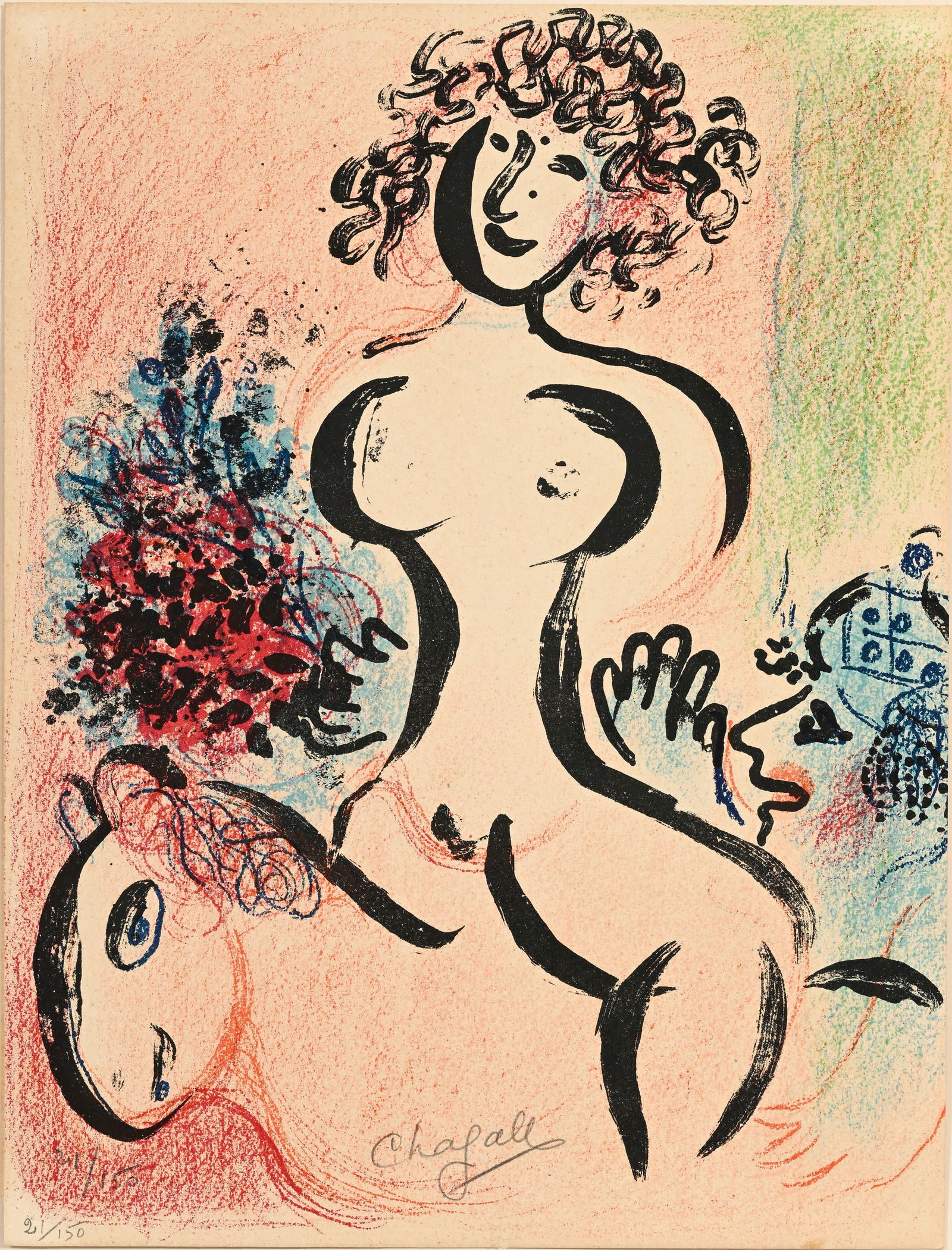 Marc Chagall (1887-1985), "Ecuyère au bouquet", 1963, lithographie en couleurs, signée et : Marc Chagall (1887-1985), "Ecuyère au bouquet", 1963, lithographie en couleurs, signée et numérotée au crayon 21/150, 32x24 cm Bibliographie: Fernand Mourlot, Chagall lithographe,