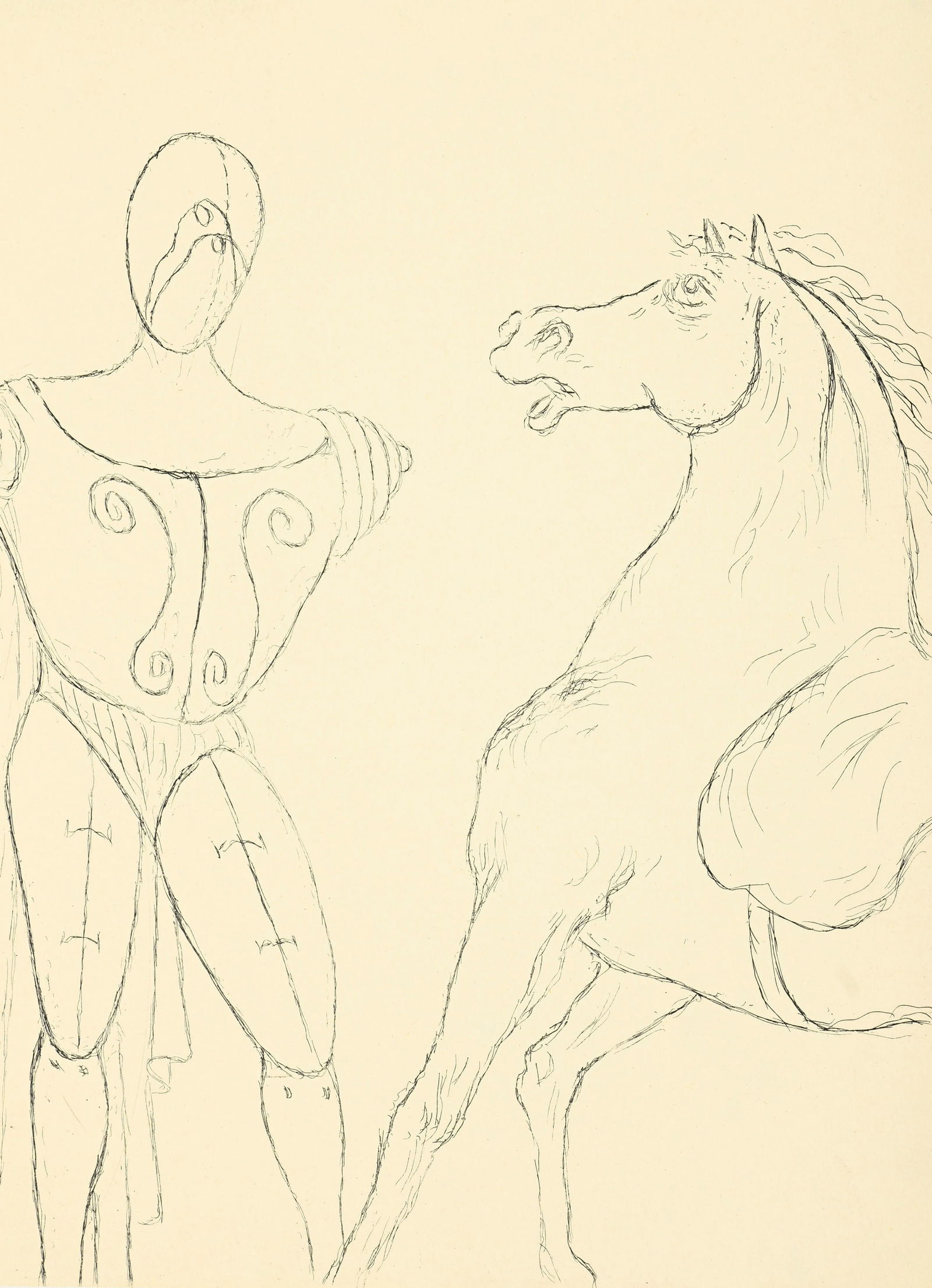 Giorgio de Chirico (1888-1978), d'après, "Cavallo e Trovatore", 1969, lithographie signée : Giorgio de Chirico (1888-1978), d'après, "Cavallo e Trovatore", 1969, lithographie signée et numérotée 32/100 au crayon, éditée pour le catalogue raisonné "G. de Chi