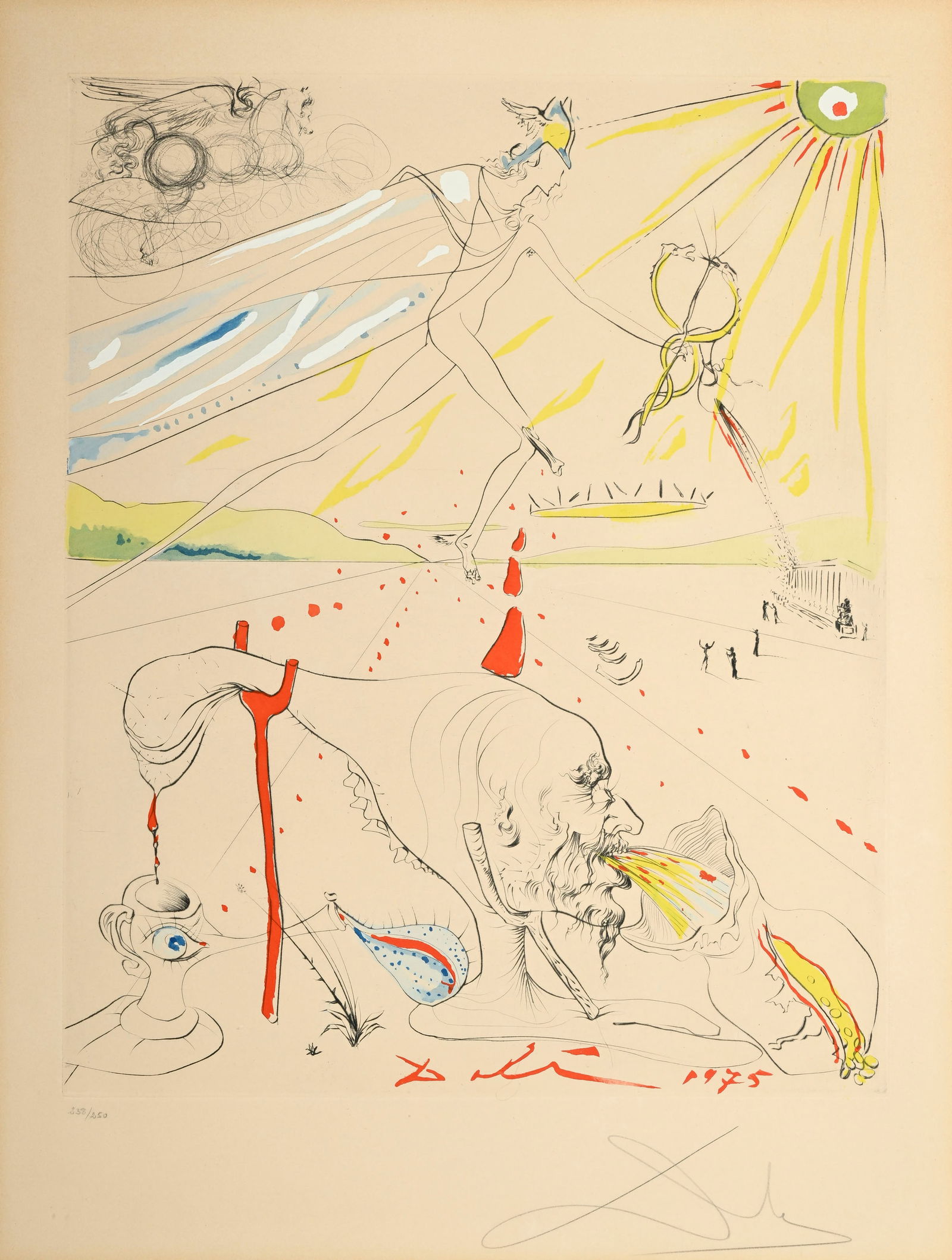 Salvador Dali (1904-1989), d'après, "L'Alchimiste", 1975, pointe sèche et aquatinte en cou: Salvador Dali (1904-1989), d'après, "L'Alchimiste", 1975, pointe sèche et aquatinte en couleurs, signée et numérotée 238/250 au crayon, 52x42 cm (plaque) 