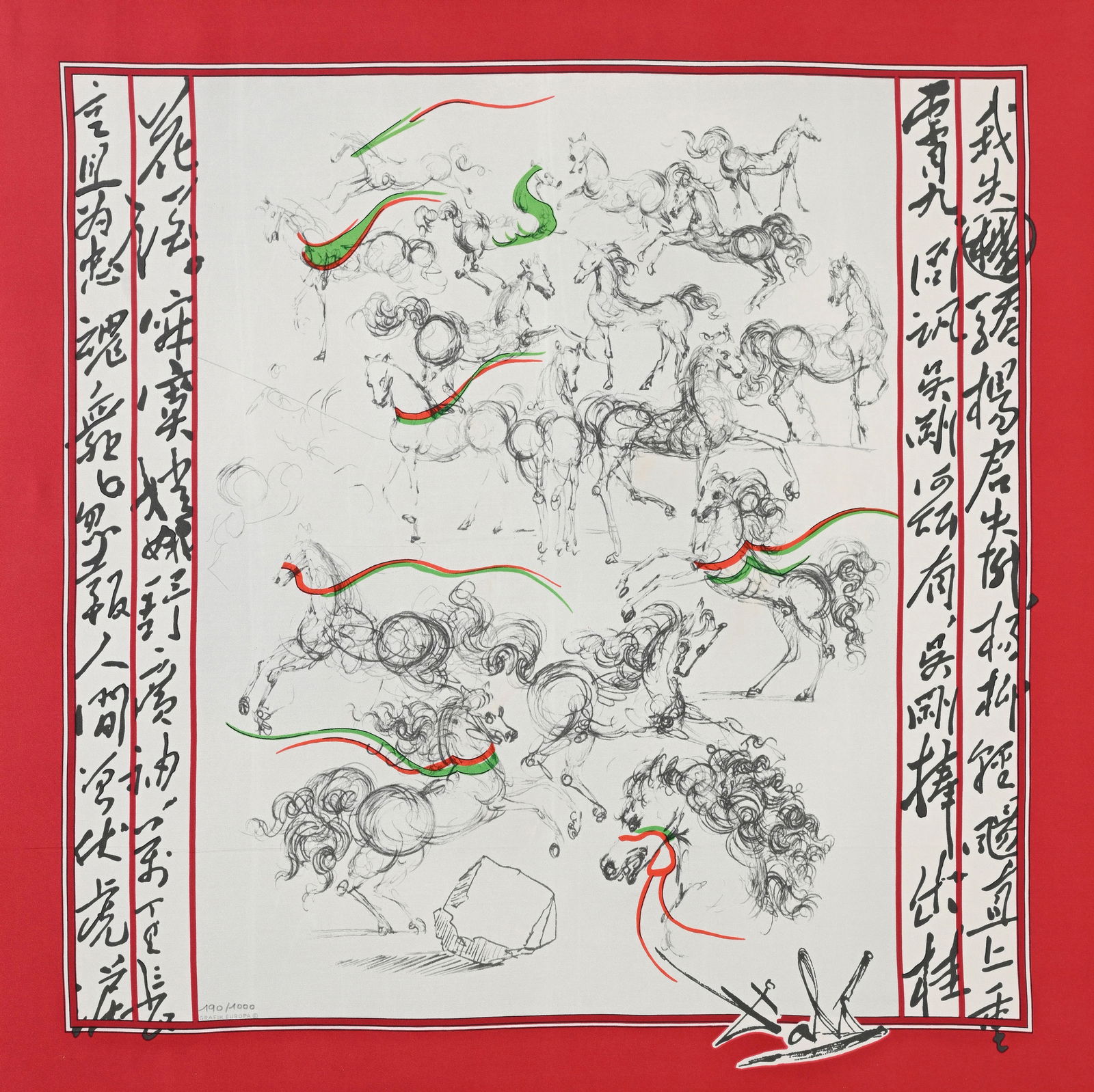 Salvador Dali (1904-1989), d'après, "Les petits chevaux", sérigraphie sur tissu, éd. : Salvador Dali (1904-1989), d'après, "Les petits chevaux", sérigraphie sur tissu, éd. grafik europe, signée dans la plaque, numérotée 190/1000 au feutre, 79x79 cm 