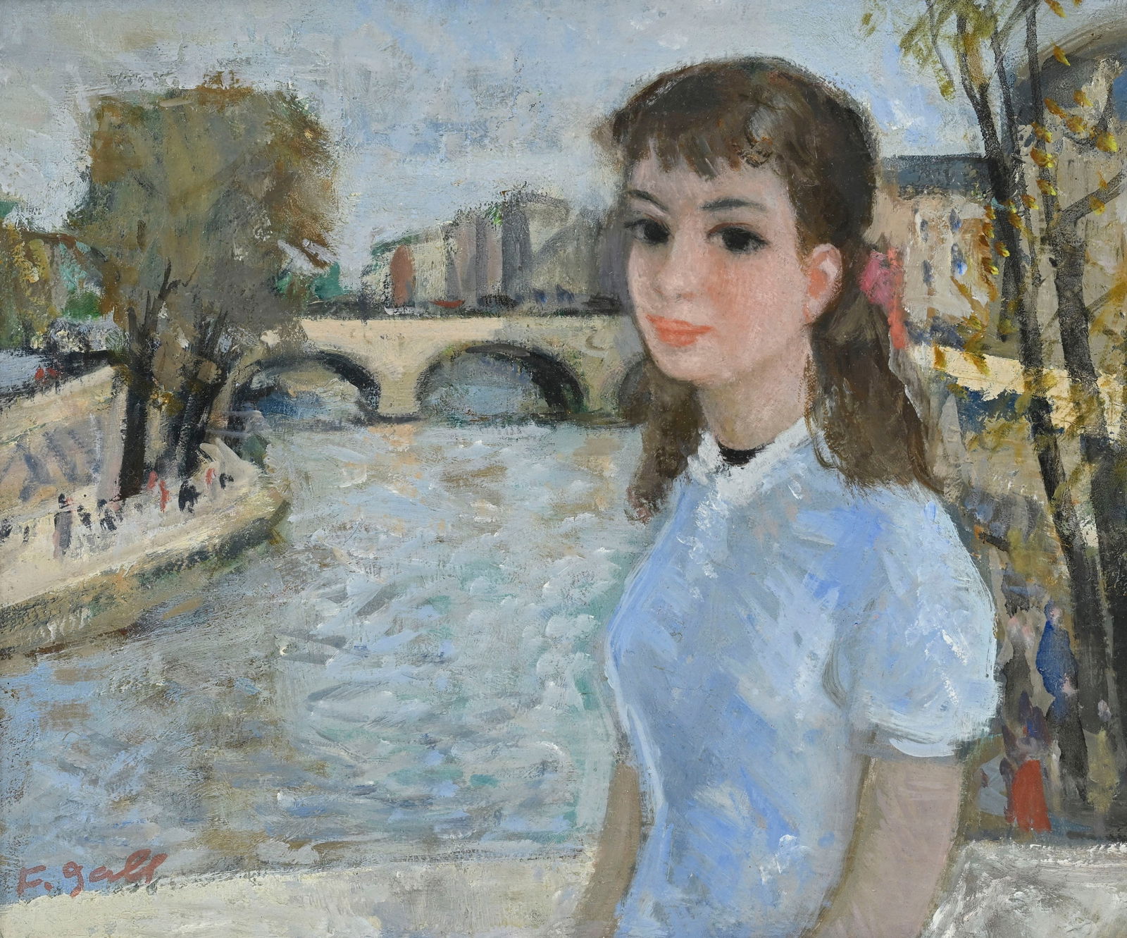 François Gall (1912-1987), Portrait de jeune fille à Paris, huile sur toile, signée, : François Gall (1912-1987), Portrait de jeune fille à Paris, huile sur toile, signée, 21,5x27 cm 