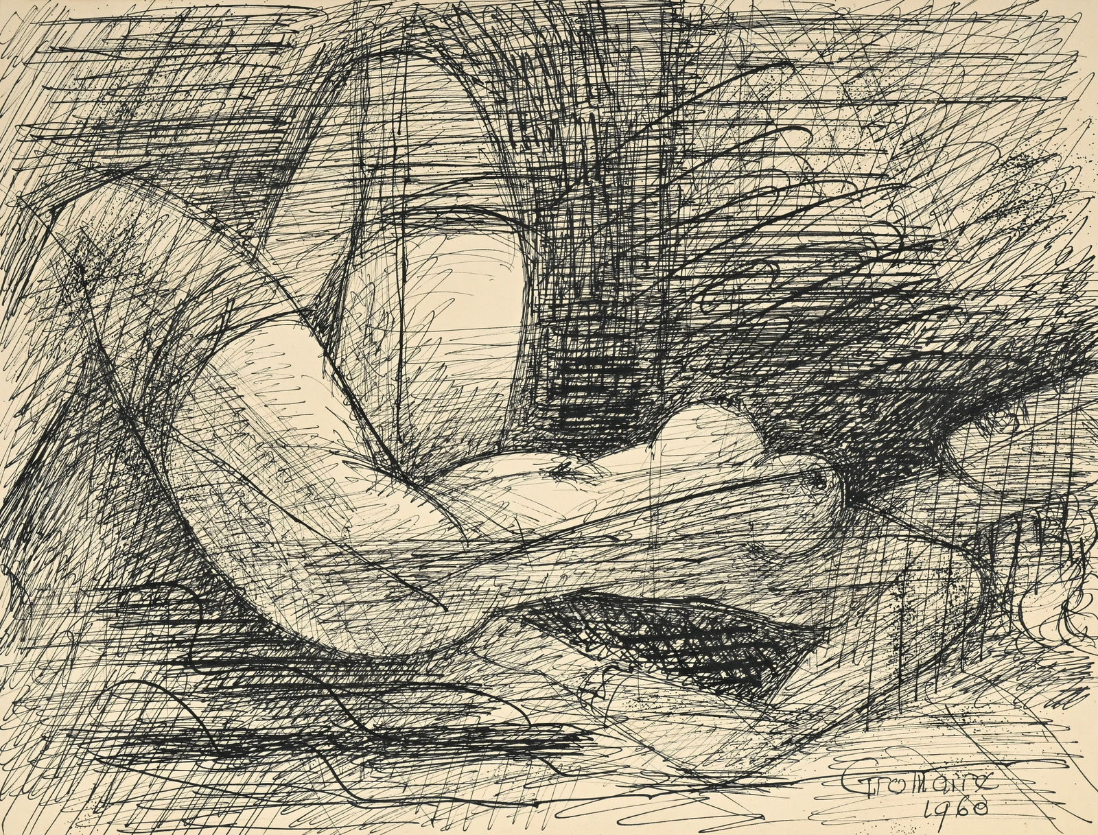 Marcel Gromaire (1892-1971), Femme nue, 1960, encre sur papier, signée et datée, 24,5x32,5: Marcel Gromaire (1892-1971), Femme nue, 1960, encre sur papier, signée et datée, 24,5x32,5 cm 