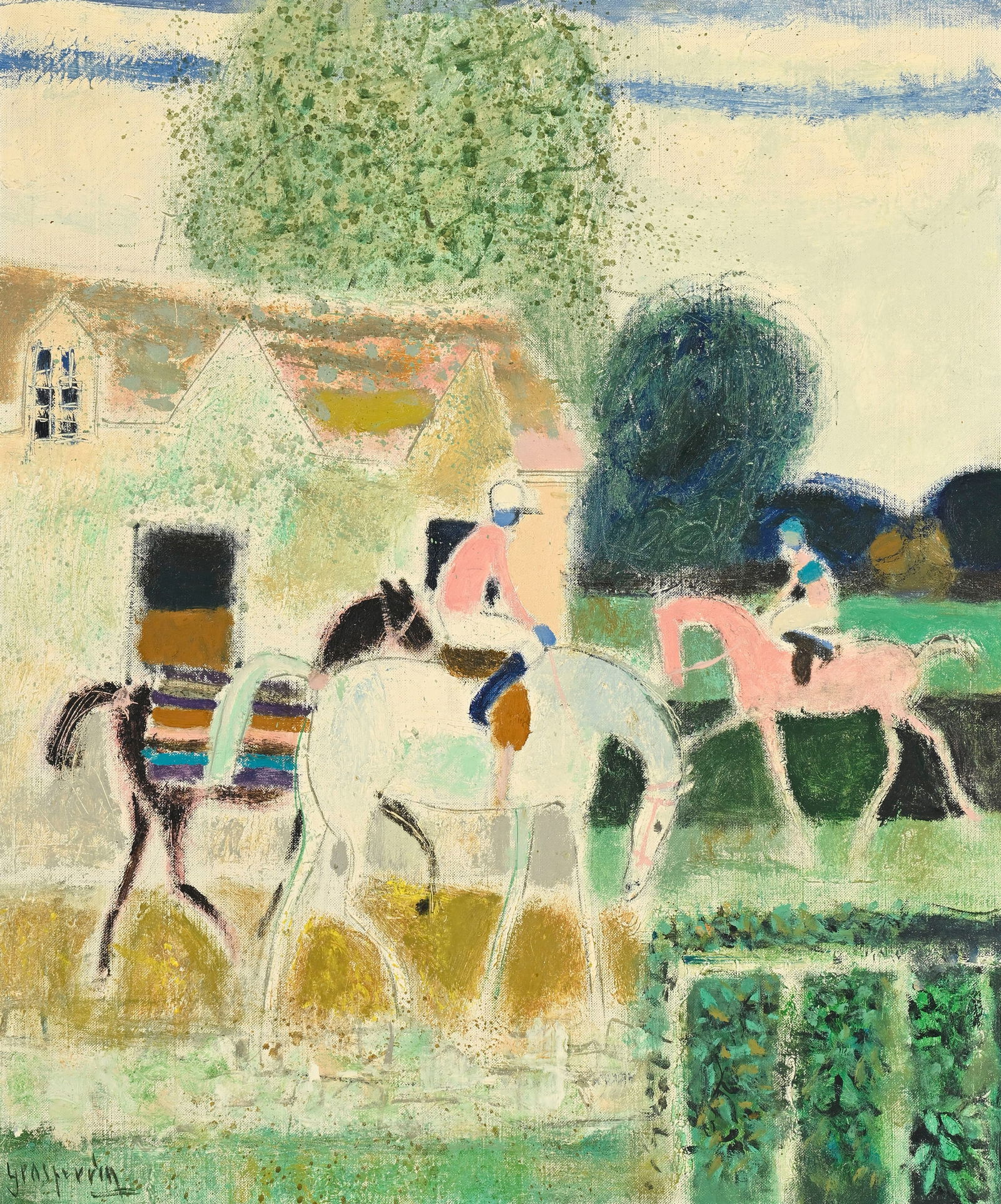 Claude Grosperrin (1936-1977), Chevaux de course, huile sur toile, signée, 65x54 cm: Claude Grosperrin (1936-1977), Chevaux de course, huile sur toile, signée, 65x54 cm 