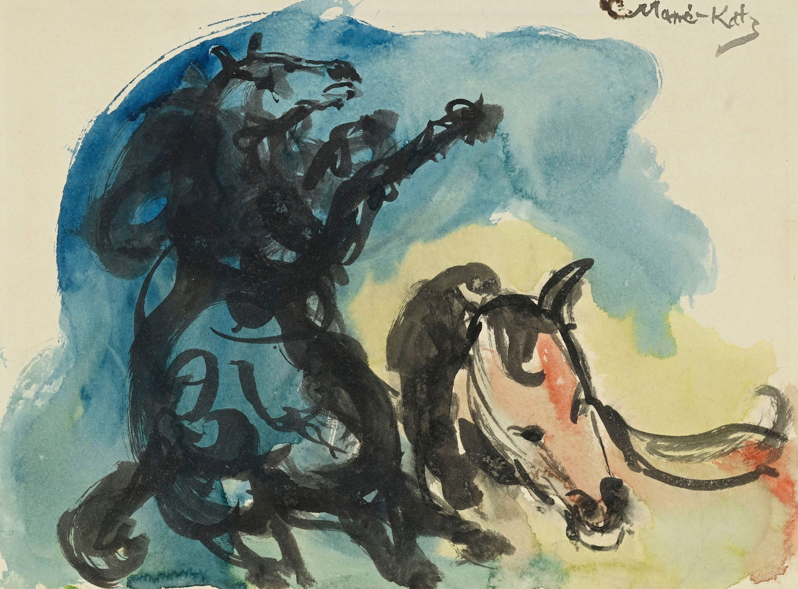 Emmanuel Mané-Katz (1894-1962), Les chevaux, aquarelle sur papier, signée, 23x31,5 cm (: Emmanuel Mané-Katz (1894-1962), Les chevaux, aquarelle sur papier, signée, 23x31,5 cm (à vue) 