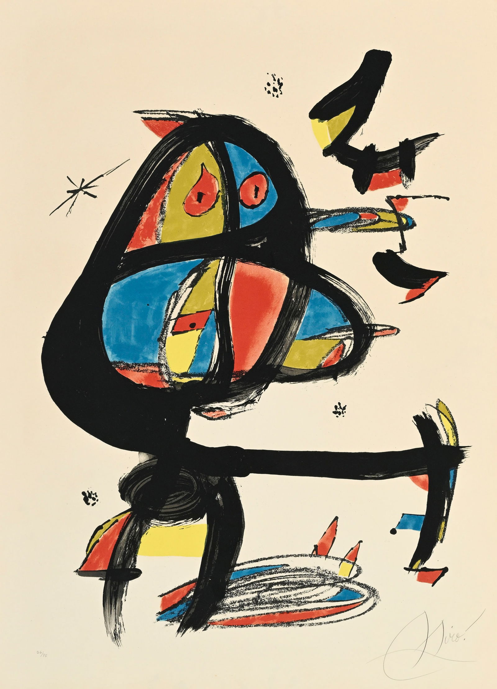 Joan Miro (1893-1983), "Cap I Cua", 1979, lithographie en couleurs, signée et numéroté: Joan Miro (1893-1983), "Cap I Cua", 1979, lithographie en couleurs, signée et numérotée 56/75, 97x70,5 cm (à vue) Bibliographie: Patrick Cramer, Joan Miro lithographe, 1976-1981, v