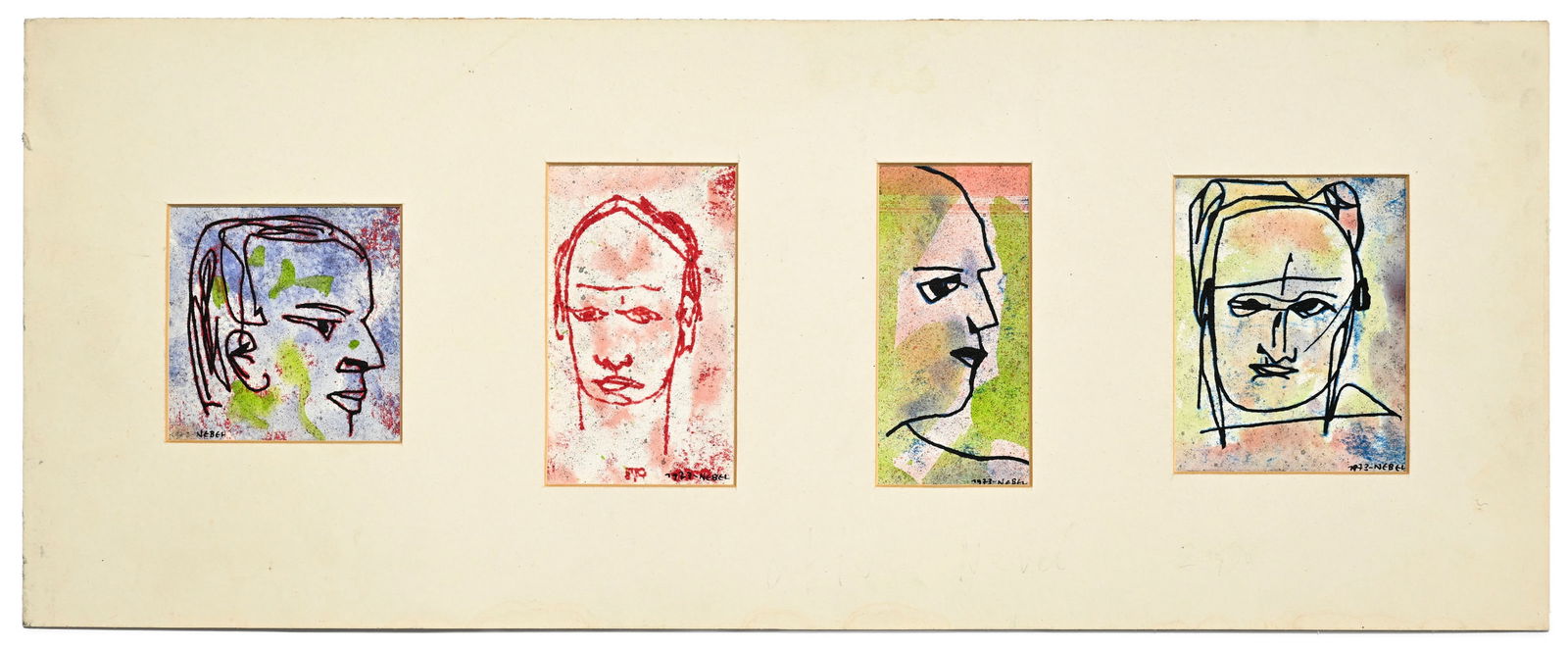 Otto Nebel (1892-1973), Visages, 1973, 4 techniques mixtes sur papier, signées et datées, : Otto Nebel (1892-1973), Visages, 1973, 4 techniques mixtes sur papier, signées et datées, 10x8, 11x5, 11x6,5 et 8x8 cm 