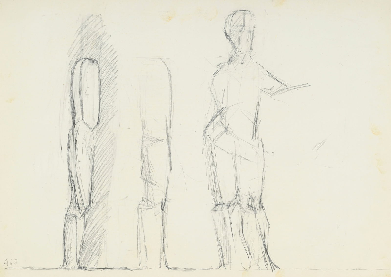 Joannis Avramidis (1922-2016), Etude de personnage, 1965, mine de plomb sur papier, monogrammée: Joannis Avramidis (1922-2016), Etude de personnage, 1965, mine de plomb sur papier, monogrammée et datée, 50,5x70,5 cm (à vue) Au verso: étiquette de la Galerie Krugier & Cie,