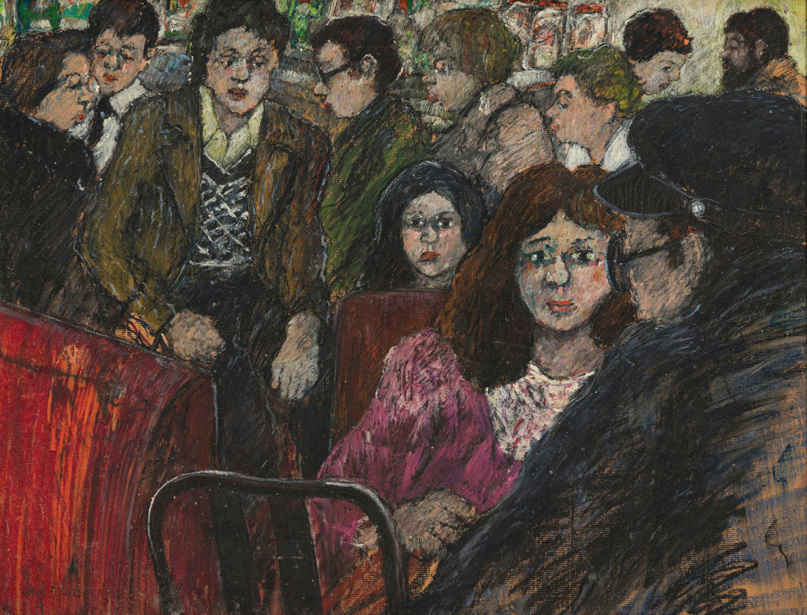 David Azuz (1942-2014), "Au Café", pastel gras sur papier marouflé sur toile, signé,  (1 of 5)