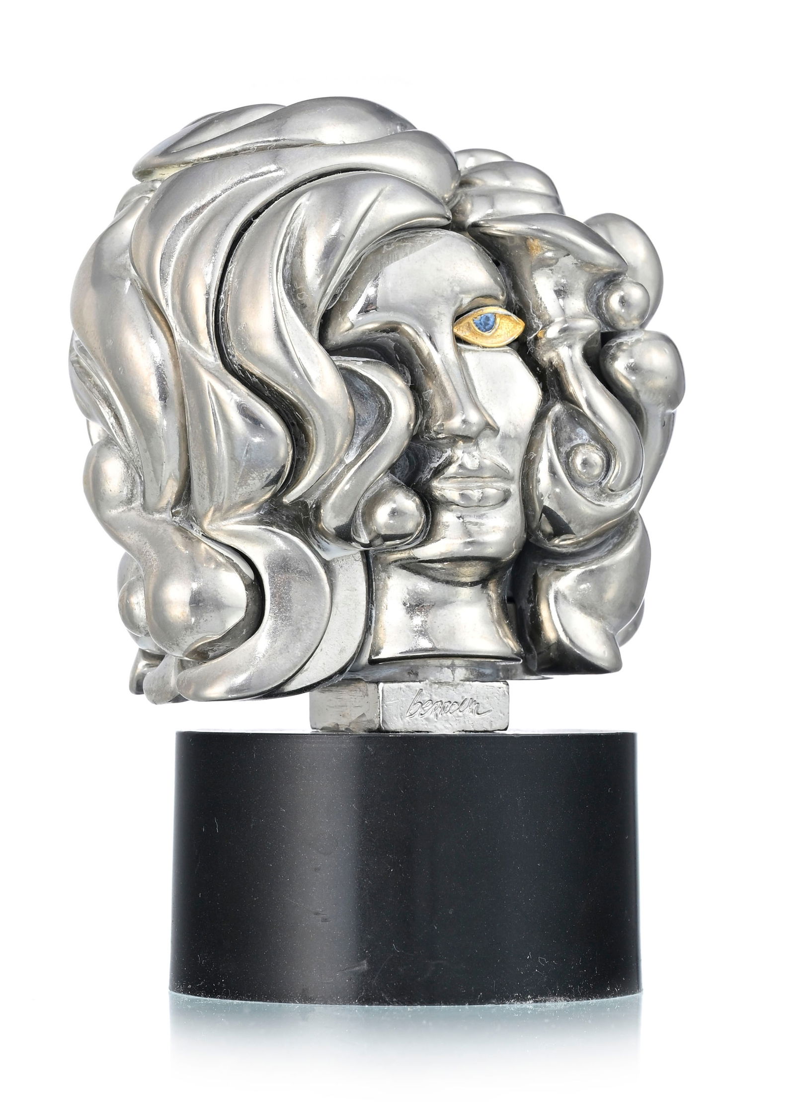 Miguel Berrocal (1933-2006), "Portrait de Michèle", 1969, sculpture démontable en laiton n: Miguel Berrocal (1933-2006), "Portrait de Michèle", 1969, sculpture démontable en laiton nickelé, signée et numérotée 4936, h. 10,5 cm (avec socle)