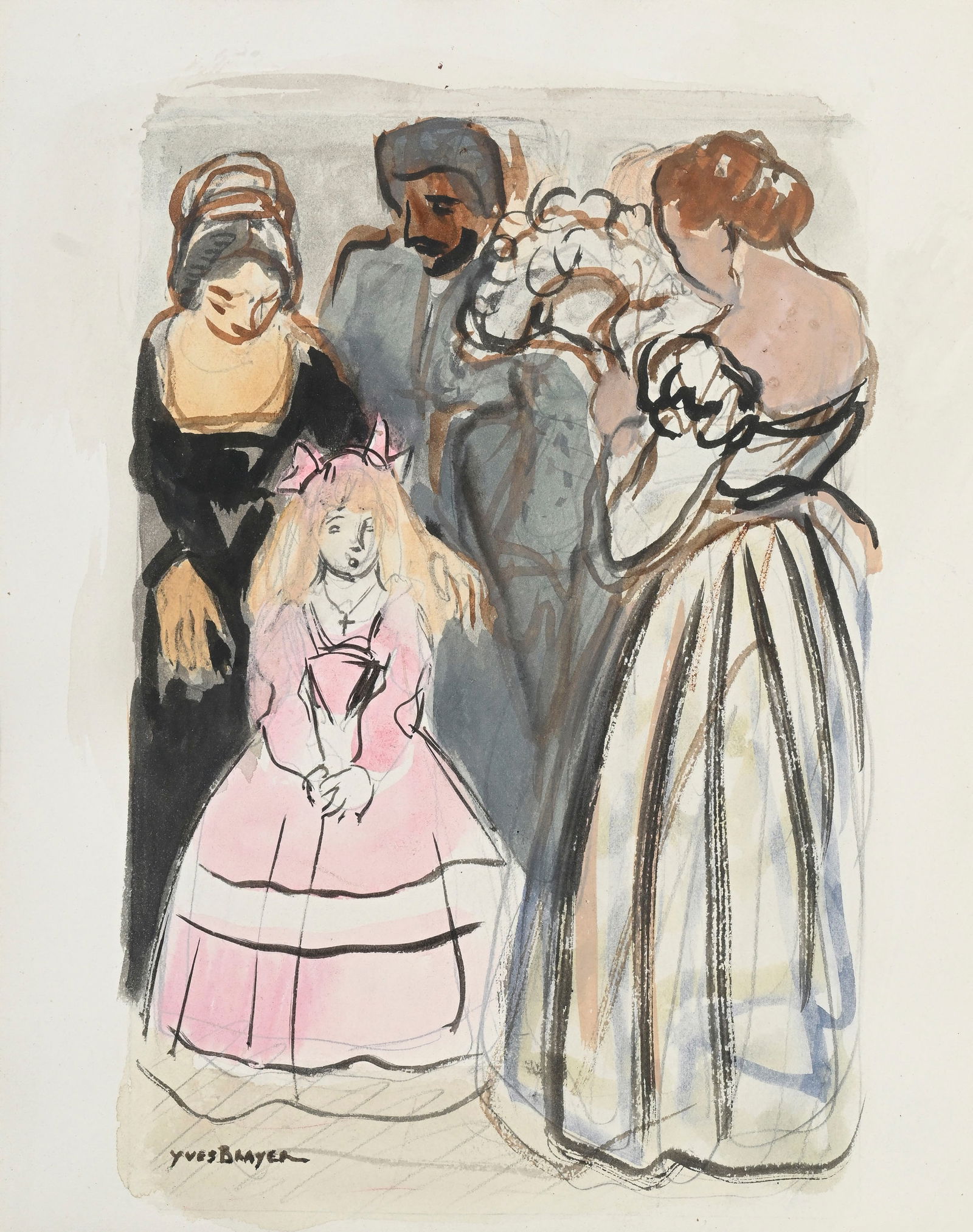 Yves Brayer (1907-1990), Jeune fille à la robe rose, technique mixte sur papier, signée, 2: Yves Brayer (1907-1990), Jeune fille à la robe rose, technique mixte sur papier, signée, 29x23 cm (à vue) Note: cette oeuvre est un projet d'illustration pour le livre: MALATESTA de