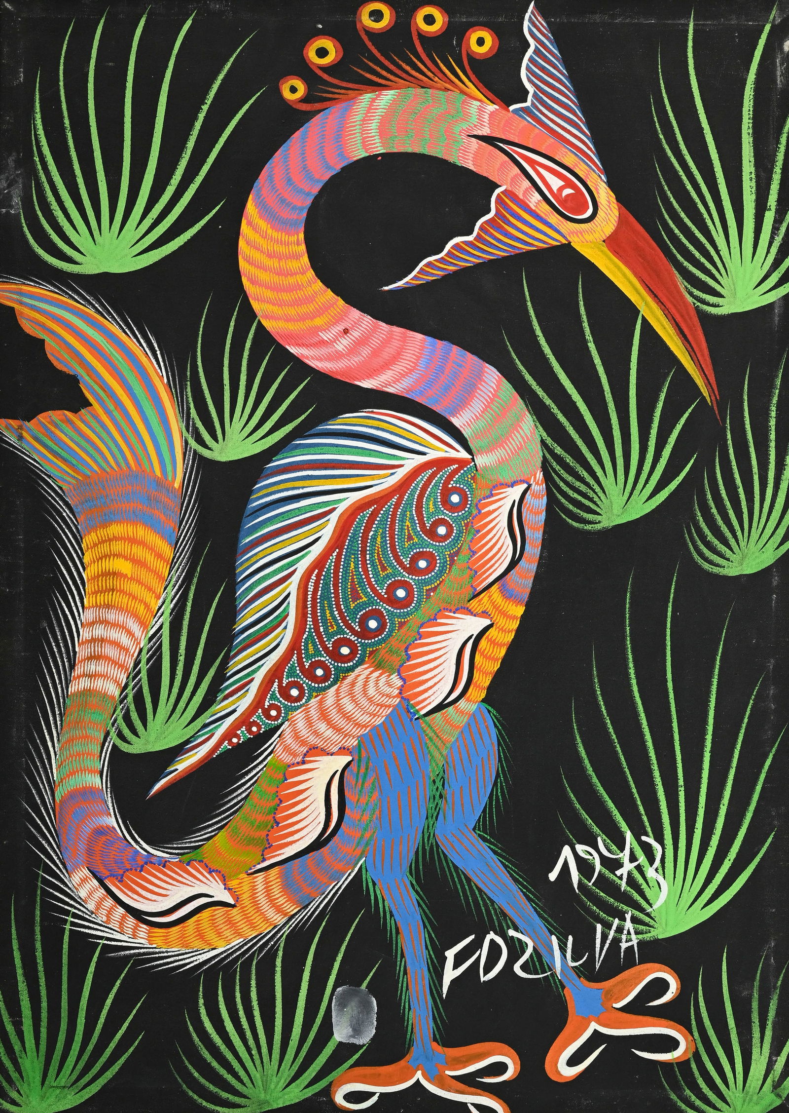 Francisco da Silva (1910-1985), Oiseau, 1973, tempera sur toile, signée et datée, 70x50,5 : Francisco da Silva (1910-1985), Oiseau, 1973, tempera sur toile, signée et datée, 70x50,5 cm ConditionSalissures Marque du châssis visible au recto 
