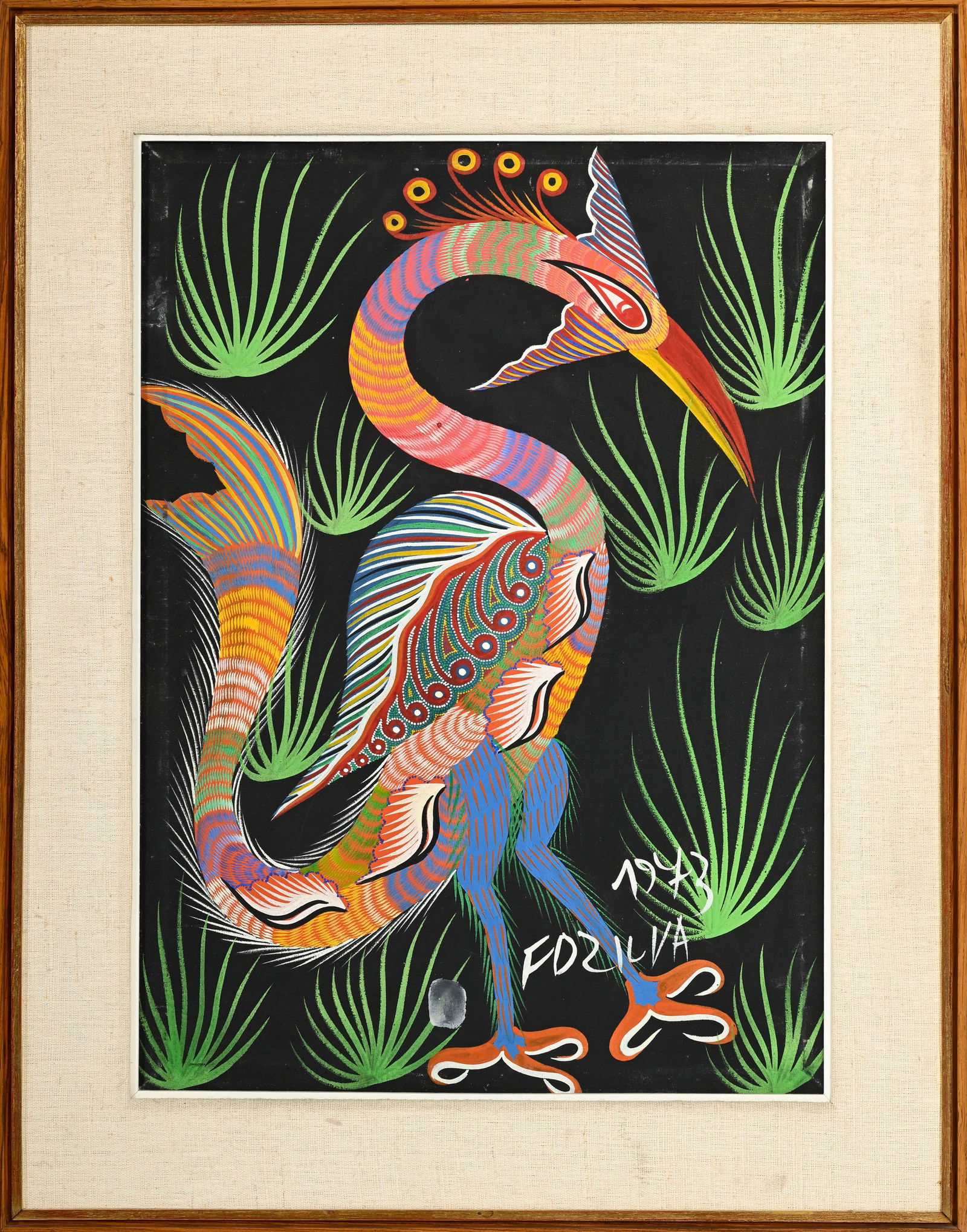 Francisco da Silva (1910-1985), Oiseau, 1973, tempera sur toile, signée et datée, 70x50,5  - 2