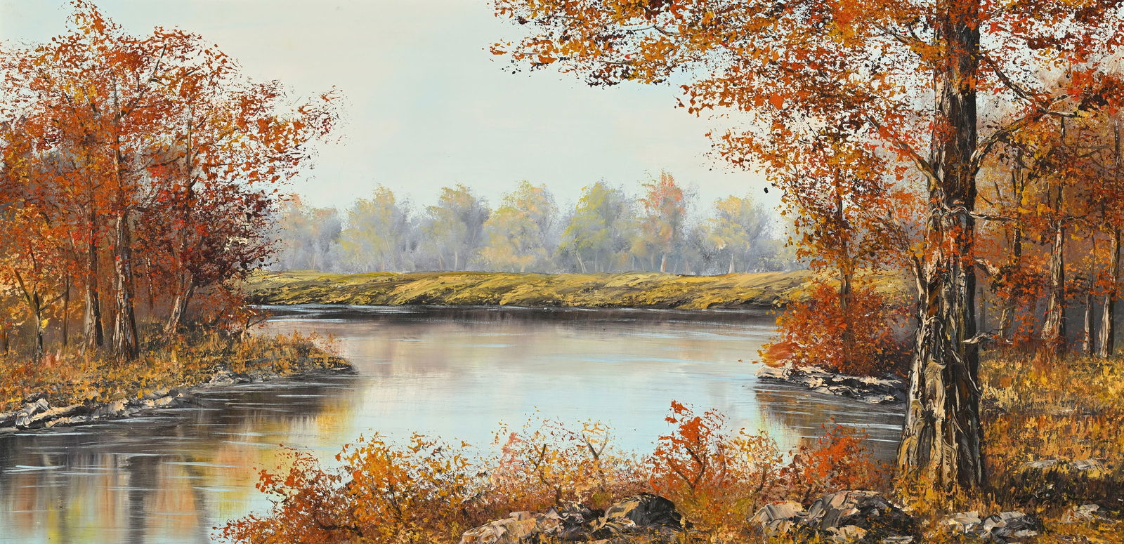 Ecole européenne du XXe s., Rivière en automne, huile sur toile, signée (illisible), : Ecole européenne du XXe s., Rivière en automne, huile sur toile, signée (illisible), 50x100cm 