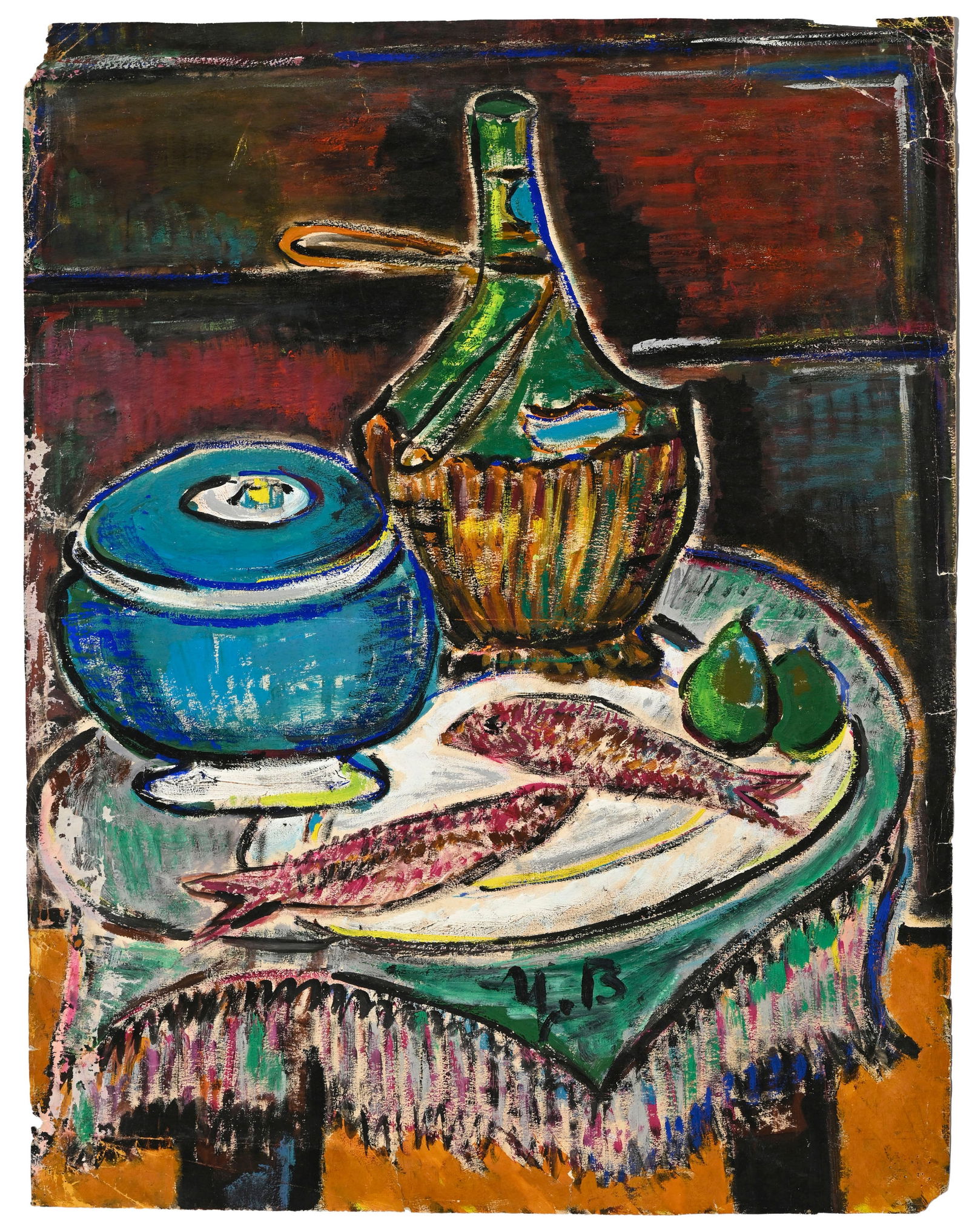 Ecole européenne du XXe s., Nature morte aux rougets, gouache sur papier, monogrammée "Y.B: Ecole européenne du XXe s., Nature morte aux rougets, gouache sur papier, monogrammée "Y.B.", 63x49 cm Condition Manques au papier Lacunes Marques de plis Traces de restaurat