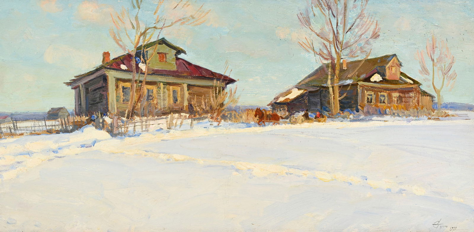 Gusev (XX), Traineau sous la neige, 1994, huile sur toile, signée et datée, contresign: Gusev (XX), Traineau sous la neige, 1994, huile sur toile, signée et datée, contresignée et contredatée au verso, 40x80 cm