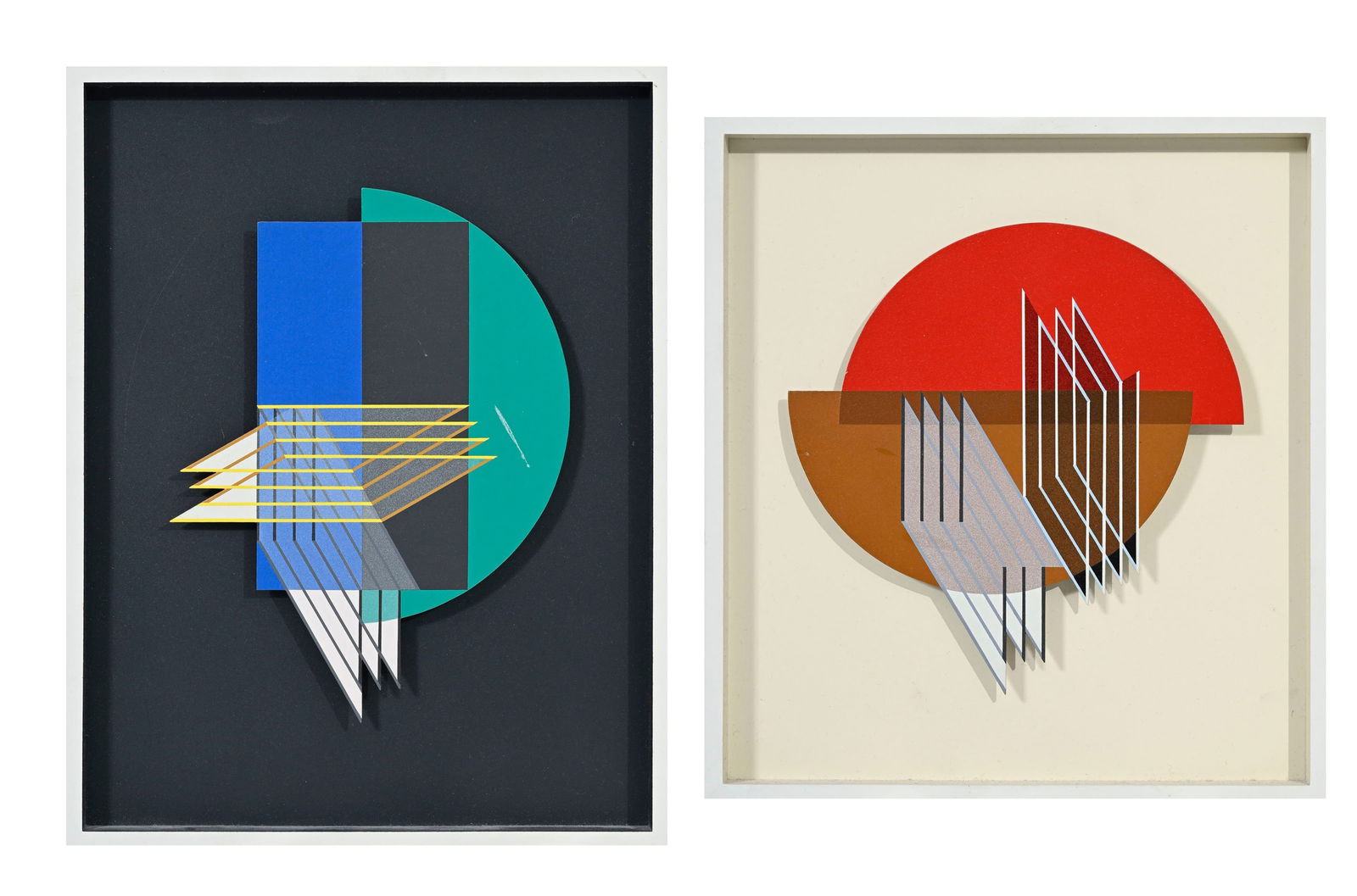 Octavio Herrera (1952), Composition, 1996, suite de 2 tableaux-volumes en acrylique sur bois, sign&#: Octavio Herrera (1952), Composition, 1996, suite de 2 tableaux-volumes en acrylique sur bois, signés, datés et situés "Paris" au verso, 35x32 et 40x31 cm