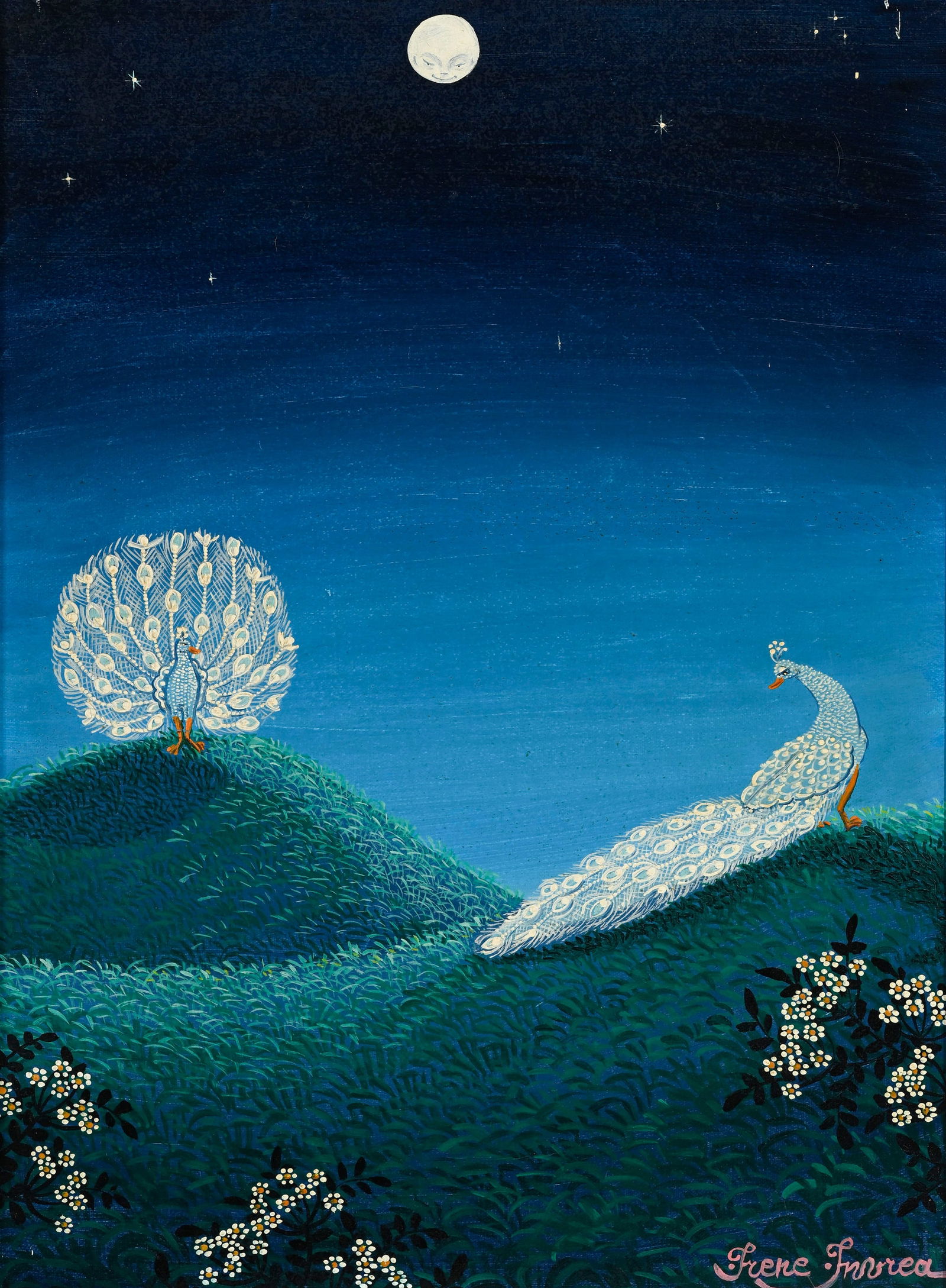 Irene Invrea (1919-2003), Paysage nocturne aux paons, huile sur toile, signée, 38,5x28 cm (: Irene Invrea (1919-2003), Paysage nocturne aux paons, huile sur toile, signée, 38,5x28 cm (à vue)