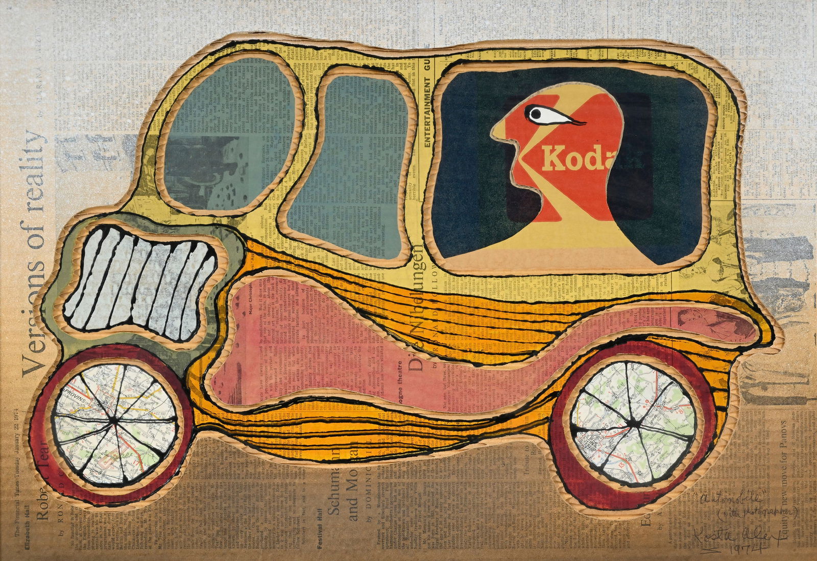 Alex Kosta (1925-2005), "Automobile (with photographer)", 1974, découpage et collage en relief : Alex Kosta (1925-2005), "Automobile (with photographer)", 1974, découpage et collage en relief sur carton, signé, daté et titré, contresigné, contredaté et titré au