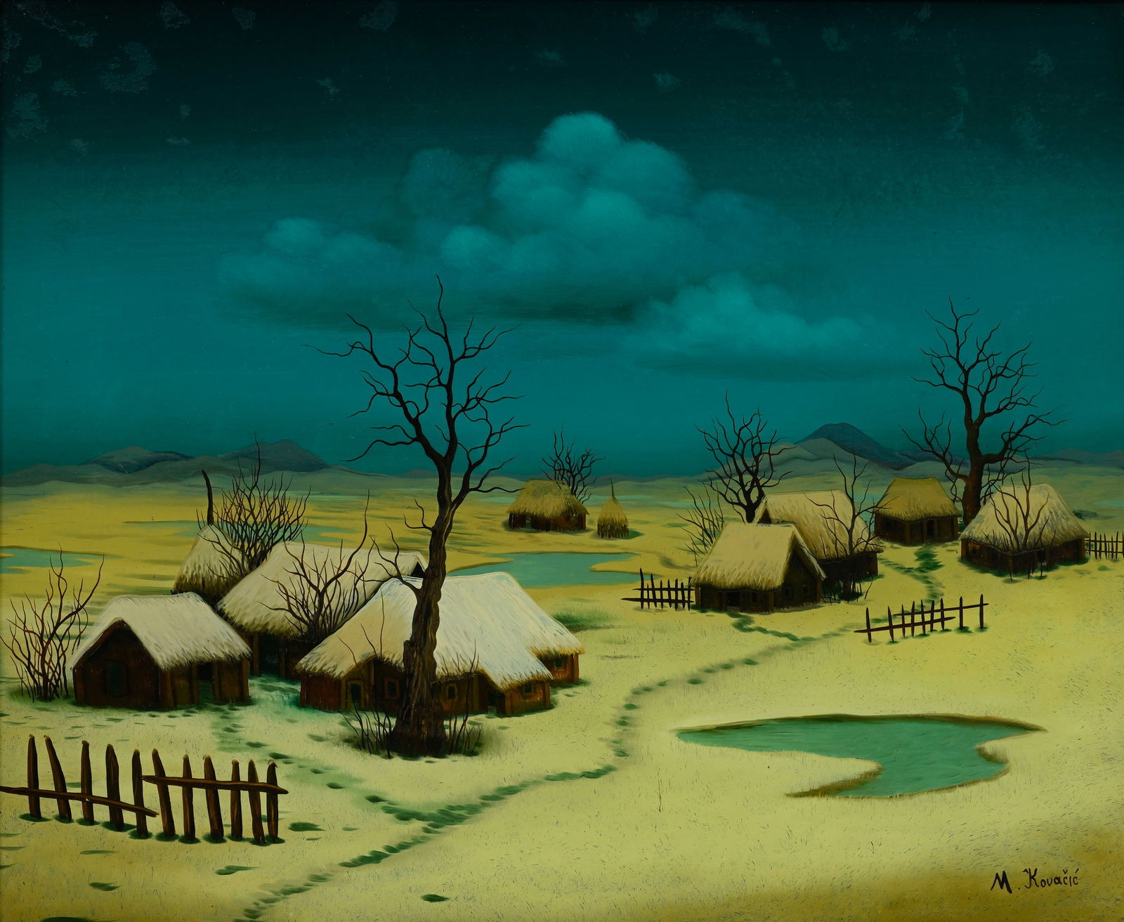 Mijo Kovacic (1935), Paysage enneigé, fixé sous verrre, signé, 43,5x53 cm: Mijo Kovacic (1935), Paysage enneigé, fixé sous verrre, signé, 43,5x53 cm ConditionQuelques perte d'adhérence entre la couche picturale et le verre dans le ciel 