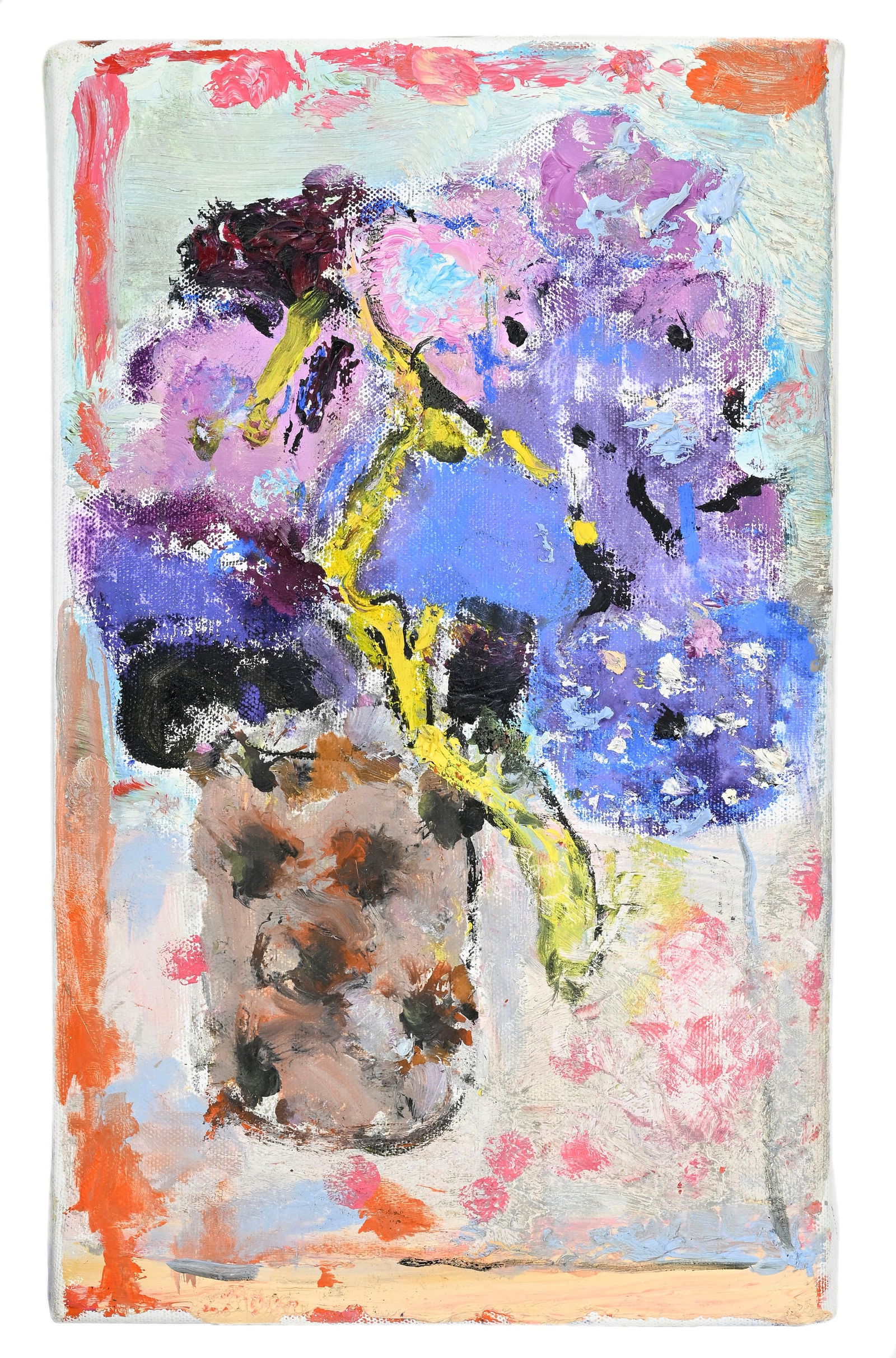 Pierre Lesieur (1922-2011), Bouquet de fleurs, 2011, huile sur toile, signée, contresignée: Pierre Lesieur (1922-2011), Bouquet de fleurs, 2011, huile sur toile, signée, contresignée, datée et située "St-Rémy" au verso, 25x15,5 cm