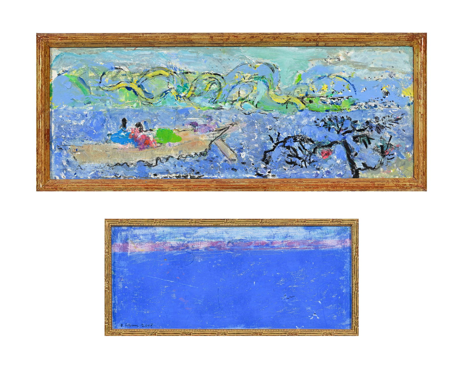 Pierre Lesieur (1922-2011), Paysage marin animé et Paysage marin, 2008, huile sur toile et past: Pierre Lesieur (1922-2011), Paysage marin animé et Paysage marin, 2008, huile sur toile et pastel sur toile, une signée et datée, inscriptions au verso, 12,5x32,5 et 22,5x50 cm 