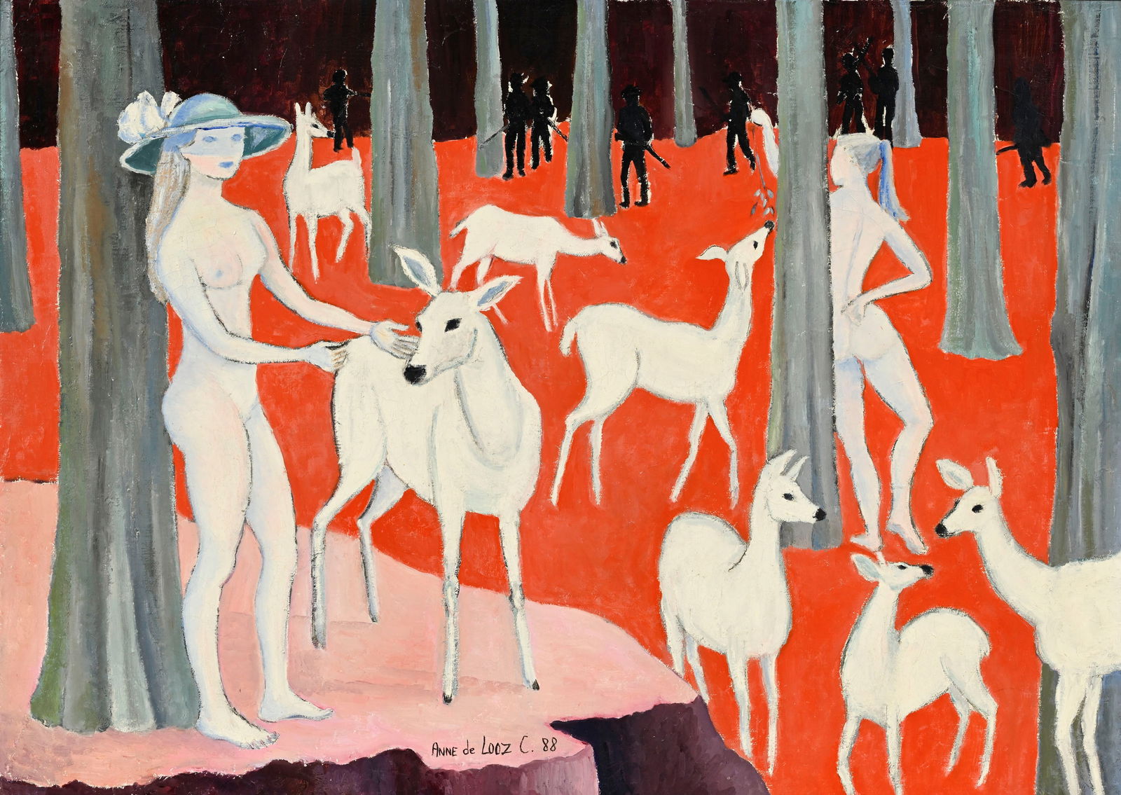 Anne de Looz Corswarem (1947-2025), Femmes, biches et chasseurs, 1988, huile sur toile, signée : Anne de Looz Corswarem (1947-2025), Femmes, biches et chasseurs, 1988, huile sur toile, signée et datée, 50,5x70 cm ConditionSoulèvements 