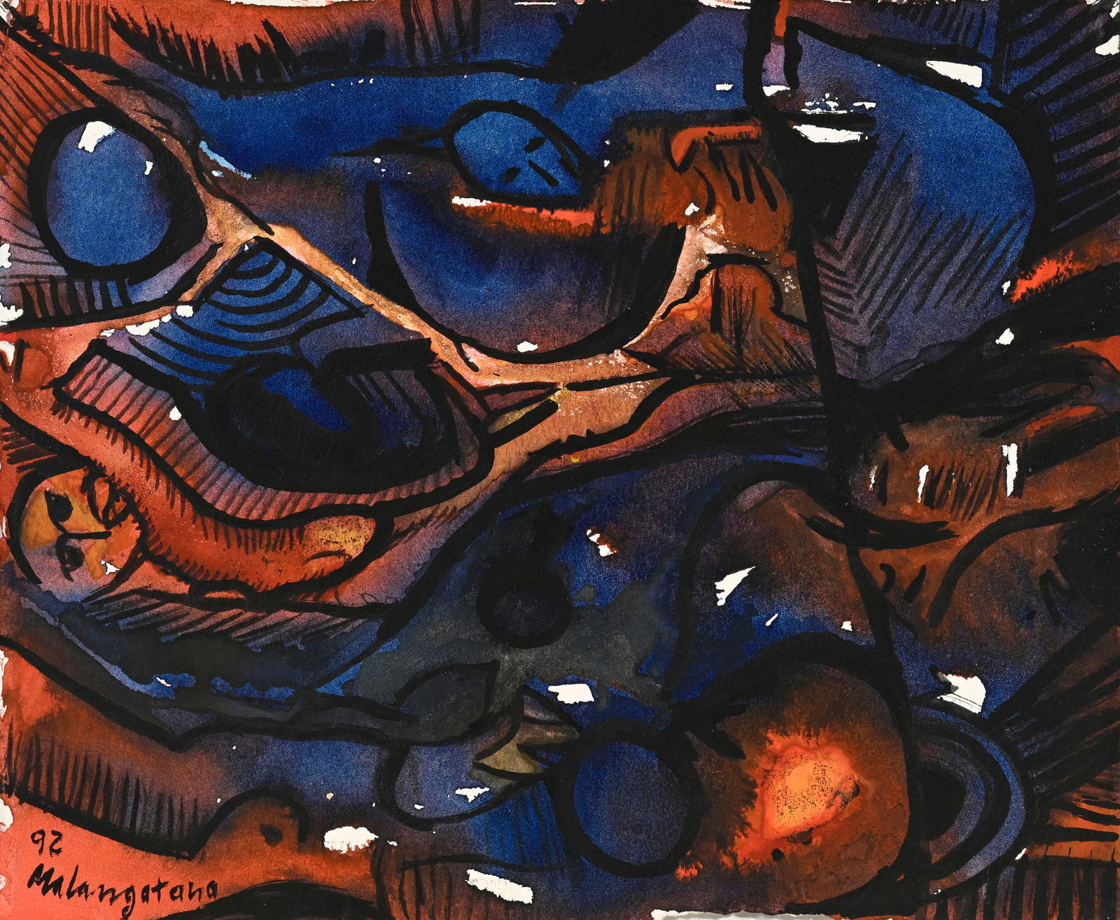 Malangatana (1936-2011), Composition, 1992, aquarelle et encre sur papier, signée et datée: Malangatana (1936-2011), Composition, 1992, aquarelle et encre sur papier, signée et datée, 20x24 cm 