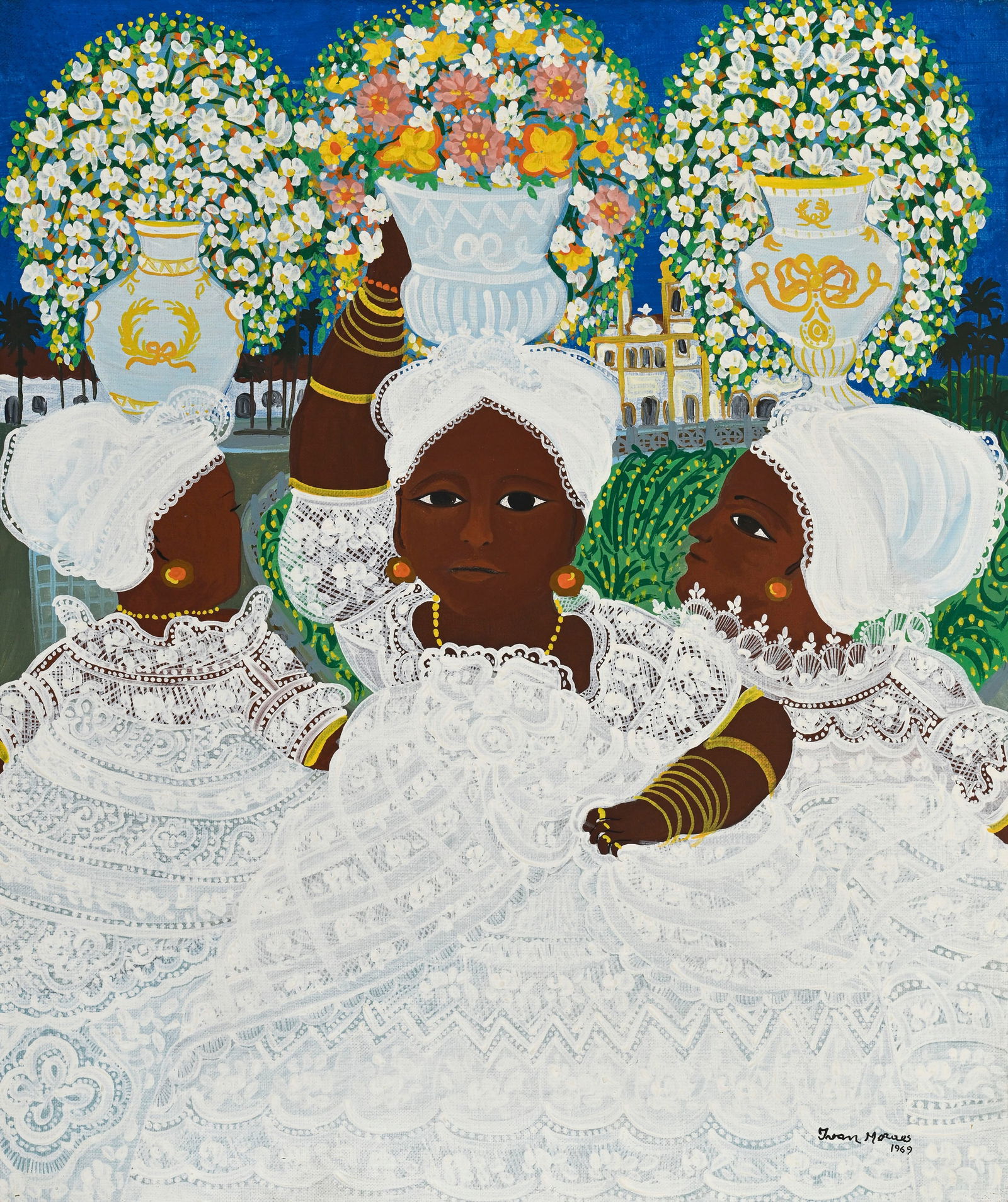 Ivan Moraes (1936-2003), Les trois porteuses, 1969, huile sur toile, signée et datée, 55x4: Ivan Moraes (1936-2003), Les trois porteuses, 1969, huile sur toile, signée et datée, 55x46 cm 