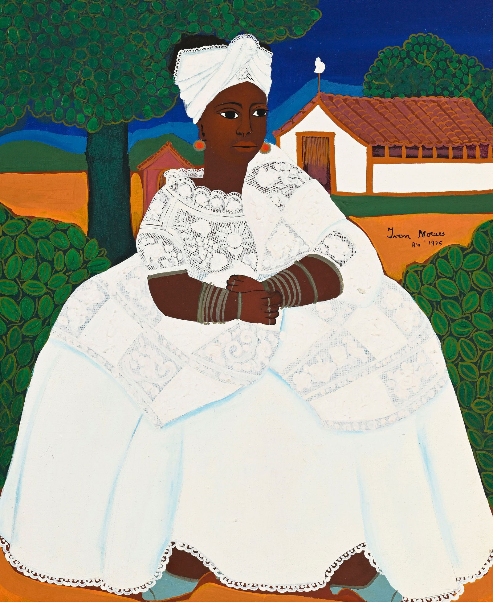 Ivan Moraes (1936-2003), La femme en blanc, 1975, huile sur toile, signée, datée et situ&#: Ivan Moraes (1936-2003), La femme en blanc, 1975, huile sur toile, signée, datée et située "Rio", 65x54 cm 