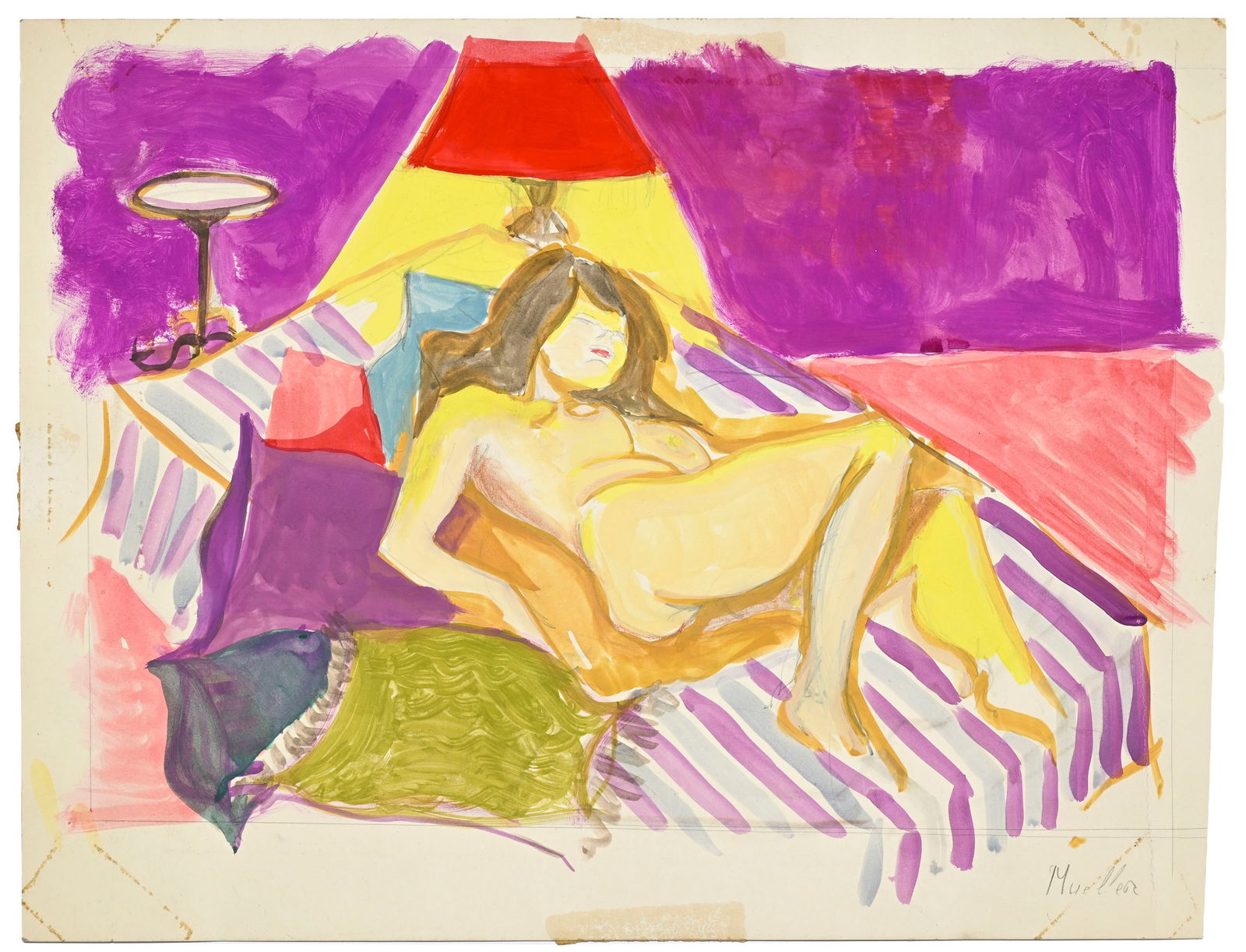 Mueller (XX), Femme nue couchée, aquarelle sur papier, signée, 30,5x39,5 cm: Mueller (XX), Femme nue couchée, aquarelle sur papier, signée, 30,5x39,5 cm ConditionPrésence d'anciennes bandes adhésives au verso 