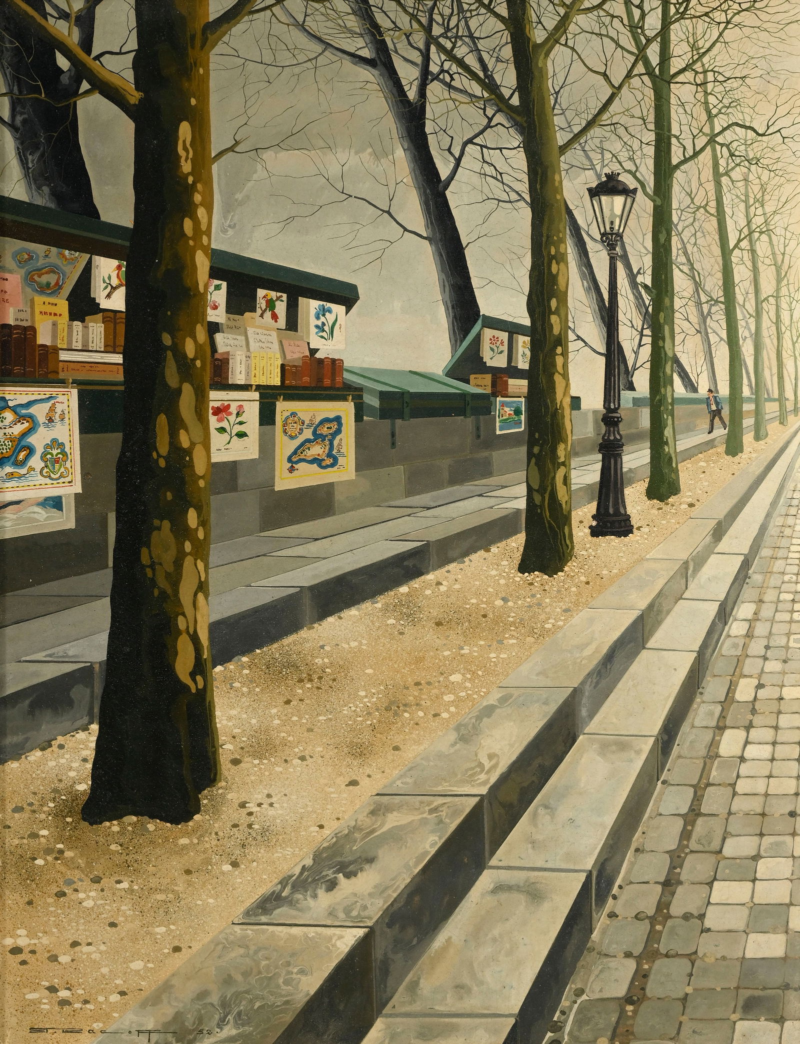 Rastislaw Racoff (1904-1982), Les bouquinistes, 1952, huile sur isorel, signée et datée, c: Rastislaw Racoff (1904-1982), Les bouquinistes, 1952, huile sur isorel, signée et datée, contresignée et contredatée au verso, 34,5x26,5 cm (à vue) 