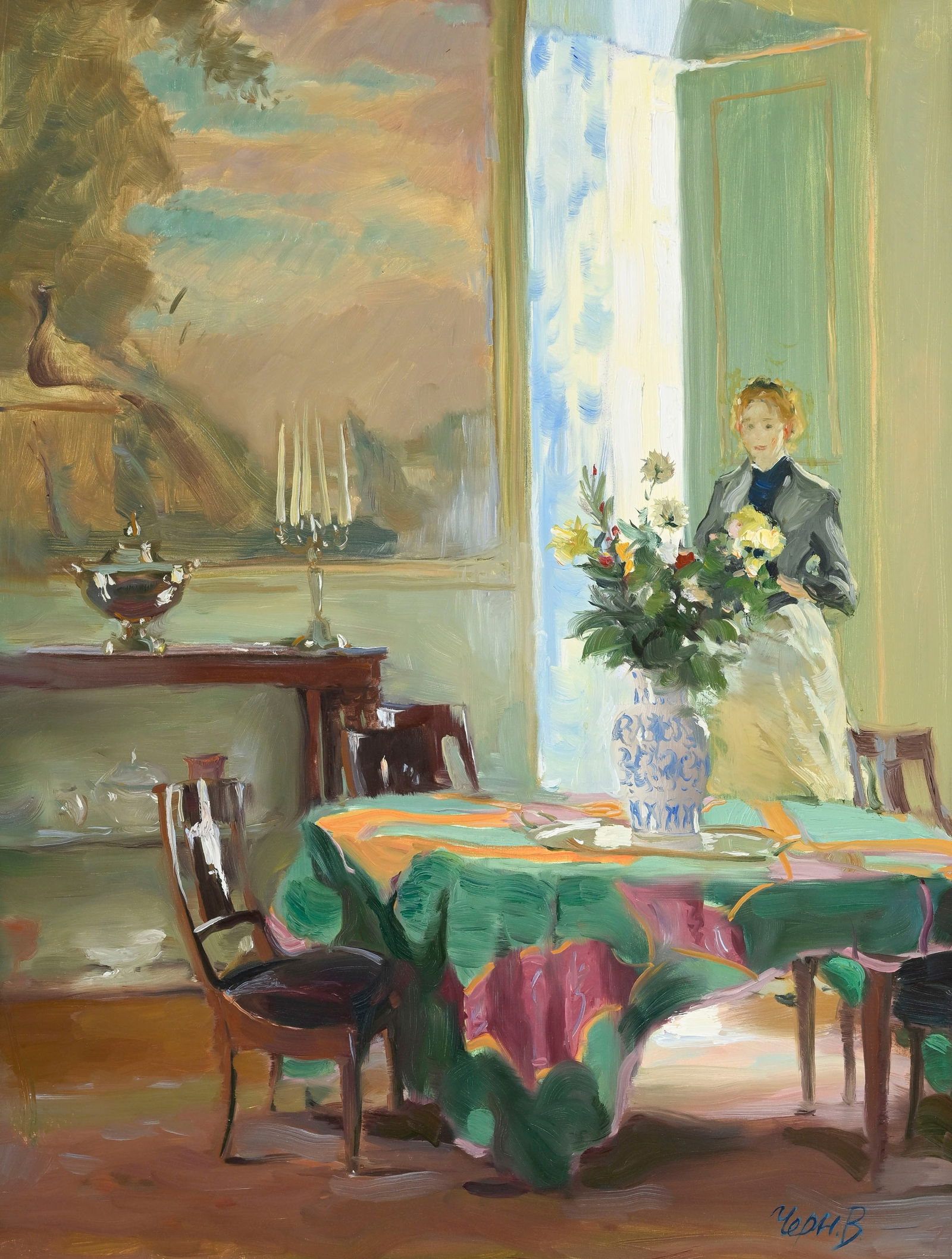 Valéry Tchernoritsky (1961), "Intérieur avec tapisserie", huile sur toile, signée, co: Valéry Tchernoritsky (1961), "Intérieur avec tapisserie", huile sur toile, signée, contresignée et titrée au verso, 65,5x50 cm 