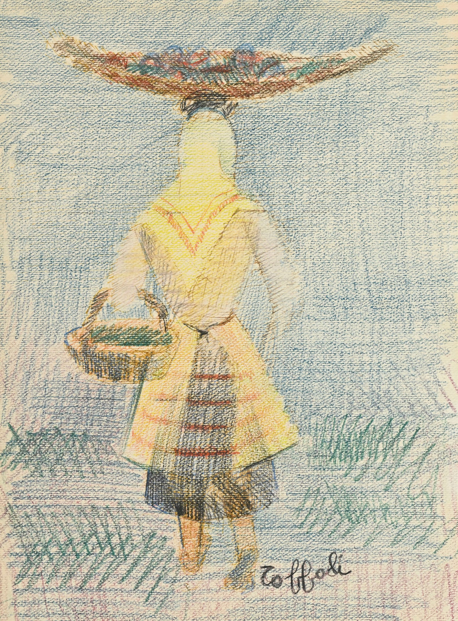 Louis Toffoli (1907-1999), La porteuse de fruits, crayons de couleur sur papier, signé, 33x24,5: Louis Toffoli (1907-1999), La porteuse de fruits, crayons de couleur sur papier, signé, 33x24,5 cm (à vue) 