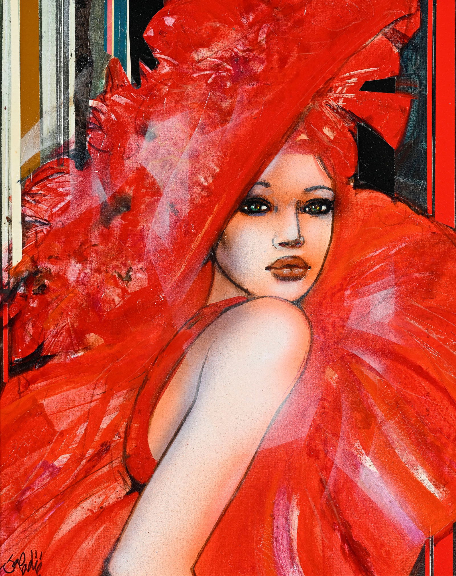 Jean Pierre Valadier (1926), "La parure écarlate", technique mixte sur toile, signée, cont: Jean Pierre Valadier (1926), "La parure écarlate", technique mixte sur toile, signée, contresignée et titrée au verso, 41,5x33 cm 