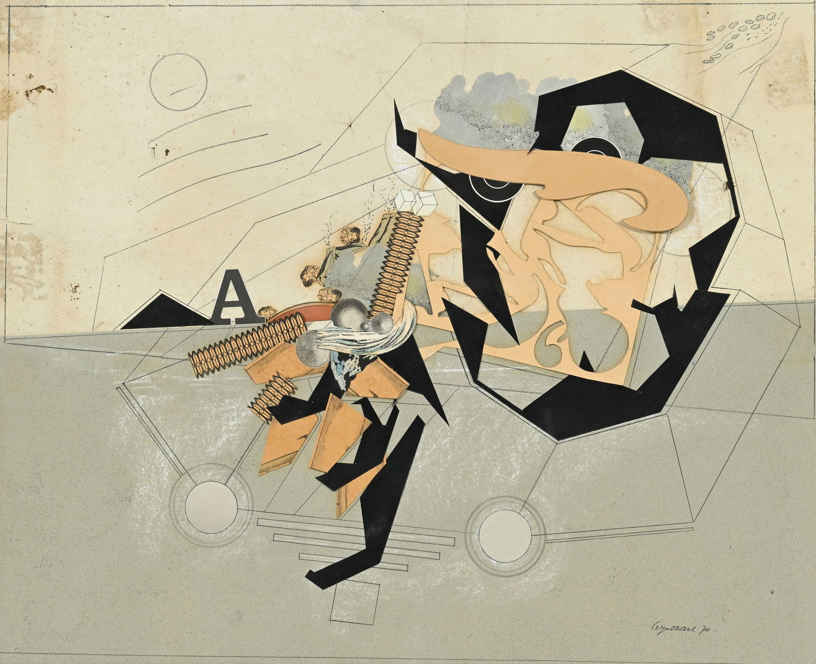 Alain le Yaouanc (1940), Sans titre, 1970, technique mixte et collage sur papier, signée et dat: Alain le Yaouanc (1940), Sans titre, 1970, technique mixte et collage sur papier, signée et datée, 48x59 cm (à vue) ConditionPlusieurs déchirures au papier (voir photos) Marques