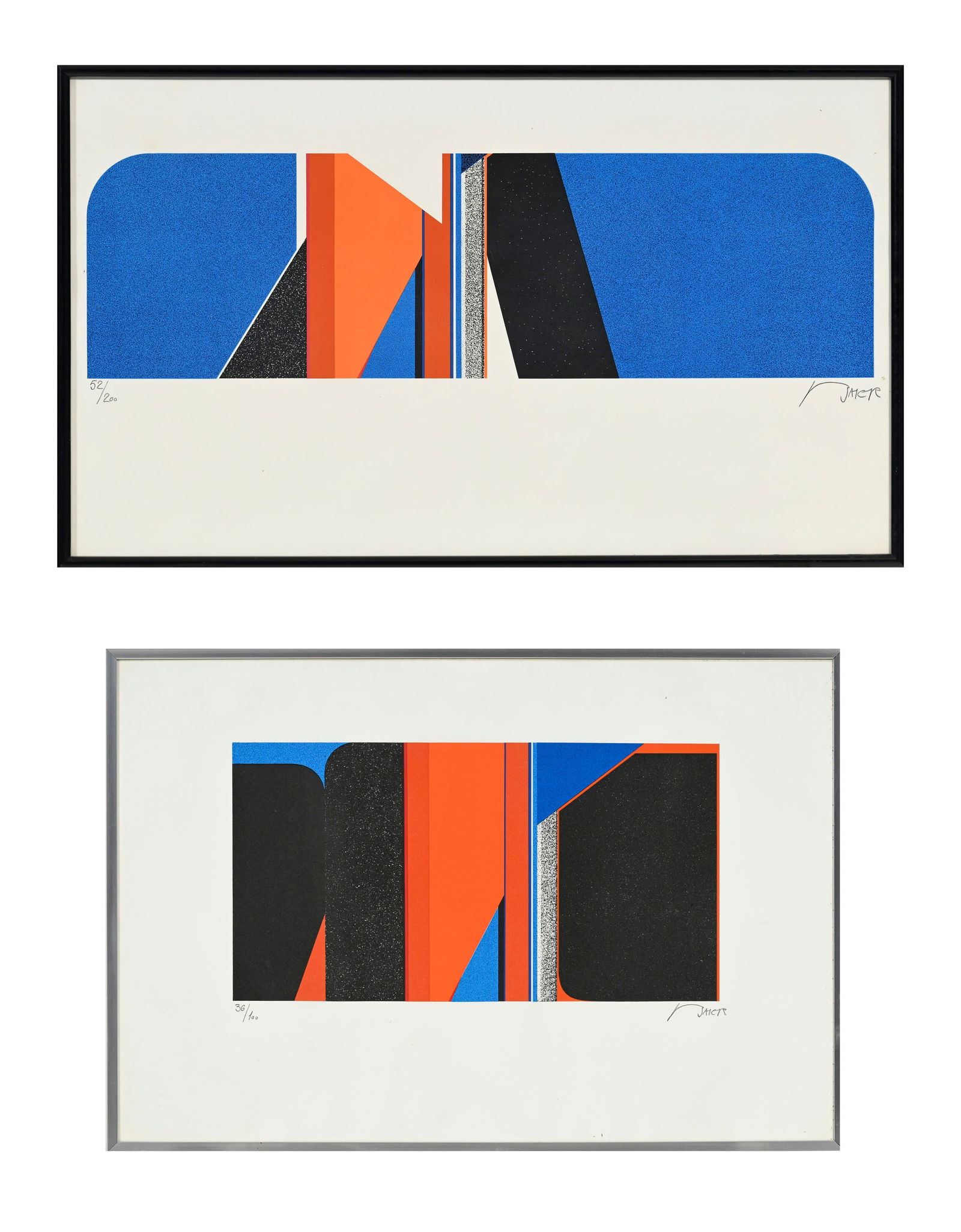 Jean Baier (1932-1999), Compositions, 2 sérigraphies, signées, numérotées 36/100: Jean Baier (1932-1999), Compositions, 2 sérigraphies, signées, numérotées 36/100 et 52/200, 20x37,5 et 15x52,5 cm 