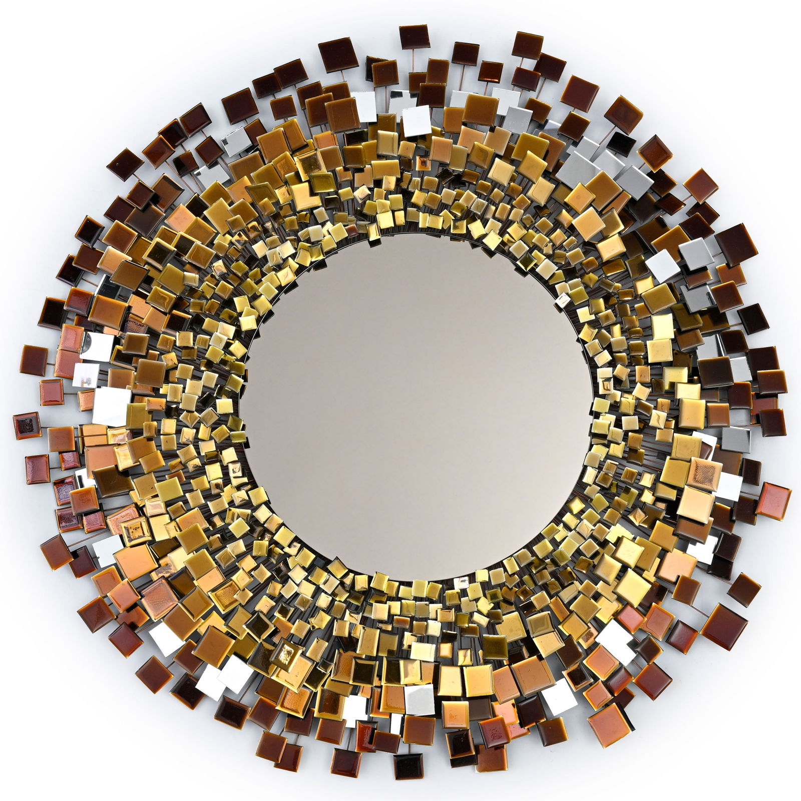 Isabelle de Borchgrave (1946-2024), Grand miroir soleil, à encadrement rayonnant composé d: Isabelle de Borchgrave (1946-2024), Grand miroir soleil, à encadrement rayonnant composé d’une mosaïque de carreaux montés sur des tiges métalliques, aux nuances de