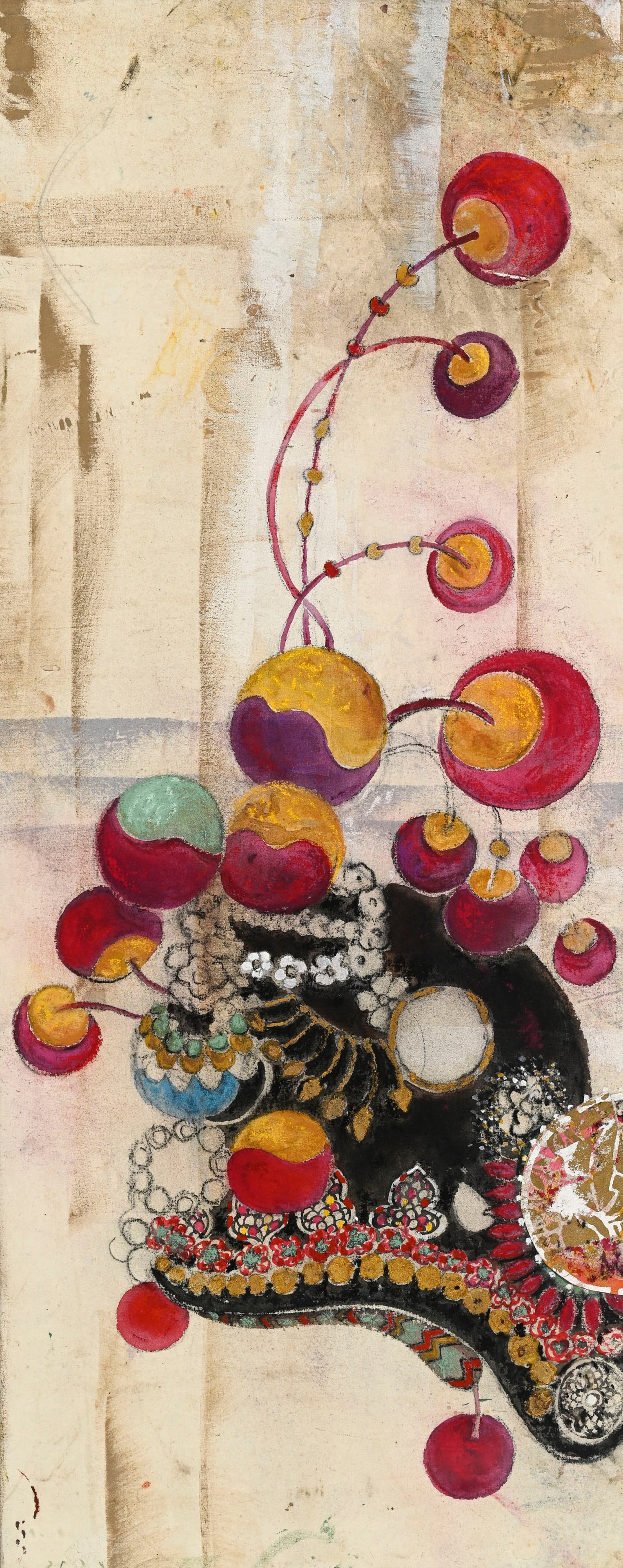 Isabelle de Borchgrave (1946-2024), Composition, 2013, huile sur toile dans un emboîtage en ple: Isabelle de Borchgrave (1946-2024), Composition, 2013, huile sur toile dans un emboîtage en plexiglas, signée et datée, 40x100,5 cm Artiste et sculptrice belge, Isabelle de Borchgrave a