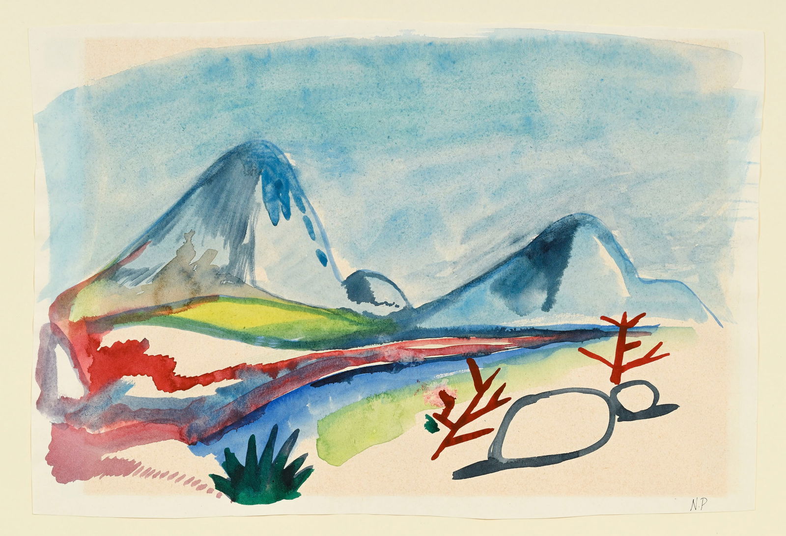 Nicolas Party (1980), Paysage de montagne, aquarelle sur papier, monogrammée, 21x31,5 cm P: Nicolas Party (1980), Paysage de montagne, aquarelle sur papier, monogrammée, 21x31,5 cm Provenance: acquis directement auprès de l'artiste il y a 15 ans Artiste suisse né à