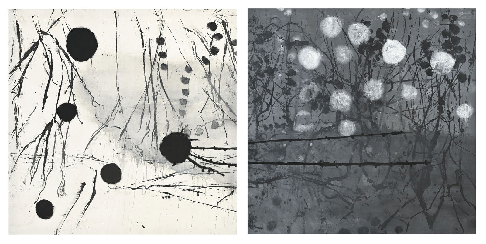 Silvana Solivella (1964), Sans titre, 2007, diptyque, technique mixte sur toiles, signées et da: Silvana Solivella (1964), Sans titre, 2007, diptyque, technique mixte sur toiles, signées et datées au verso, 110x220 cm Provenance: Galerie Artboomers, Genève, 16 mai 2012 