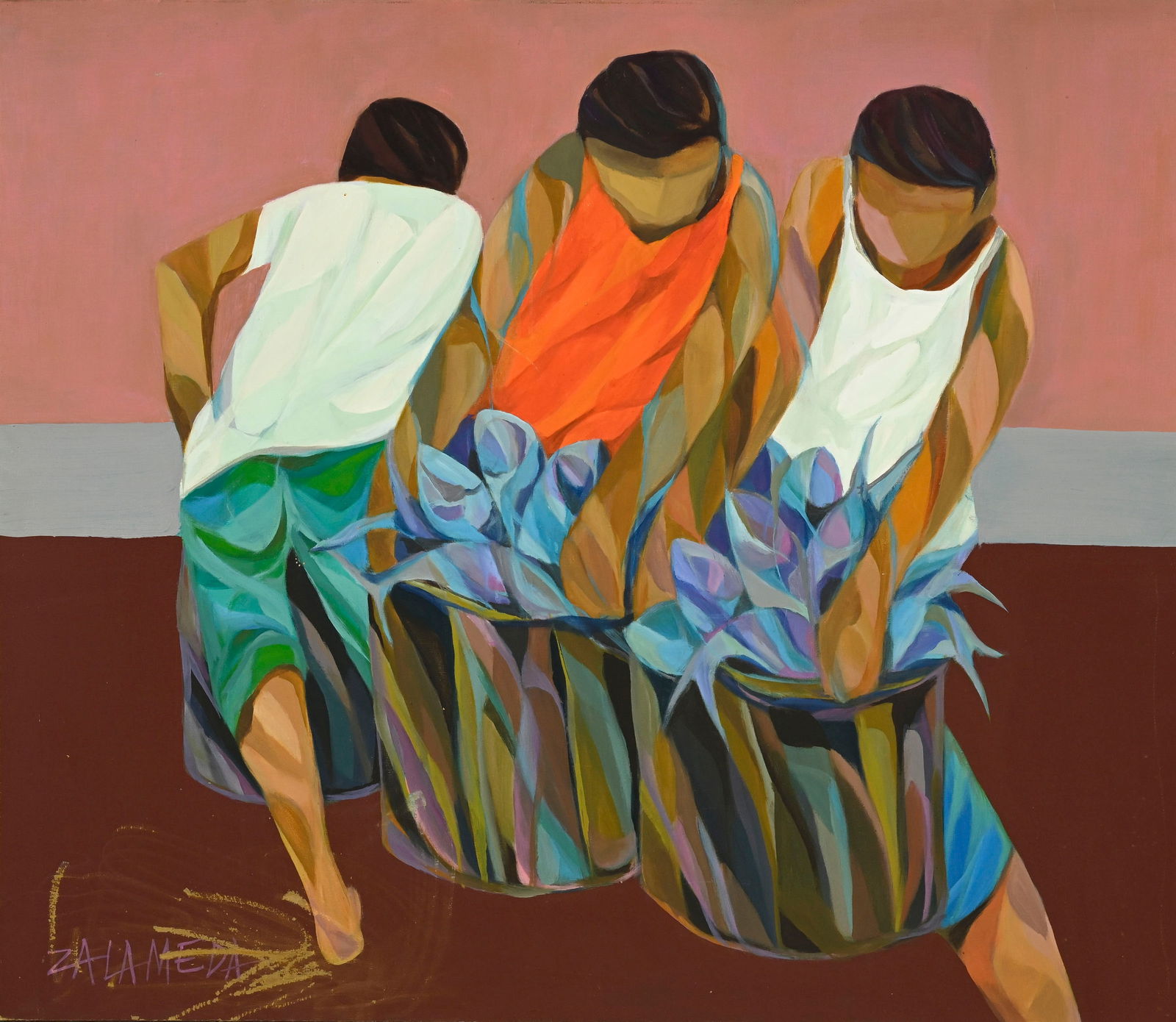 Oscar Zalameda (1930-2010), Trois pêcheurs, huile sur toile, signée, 90,5x104 cm: Oscar Zalameda (1930-2010), Trois pêcheurs, huile sur toile, signée, 90,5x104 cm ConditionLacunes dans l'angle inférieur gauche 